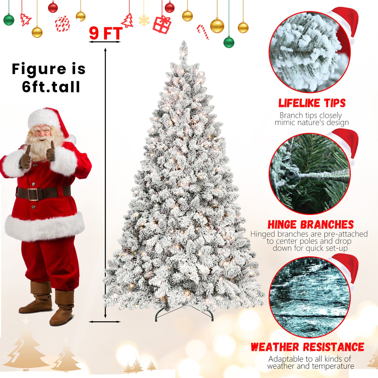 7ft Snow-Flocked Artificial Christmas Tree with Pine Cones, Prelit Xmas Trees, Hinged Easy Assembly & Reinforced Metal Base - Ideal for Indoor & Outdoor Festive Decorations