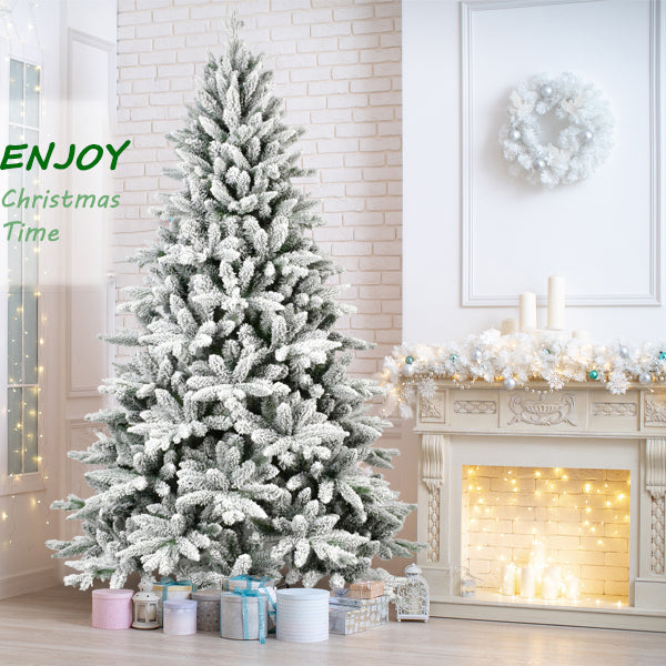 7FT PE & PVC Flocked Artificial Christmas Tree, With 1514 branch tips and metal stand, Foldable Fake Tree with Realistic Snowy Foliage for Home Decoration