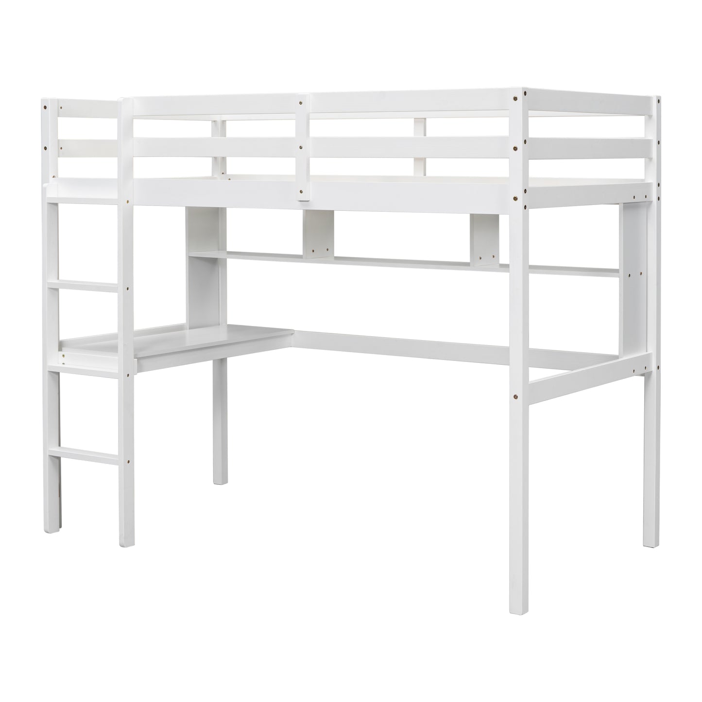 Twin Size Loft Bed with desk and shelves, Safety Guardrail and ladder,White