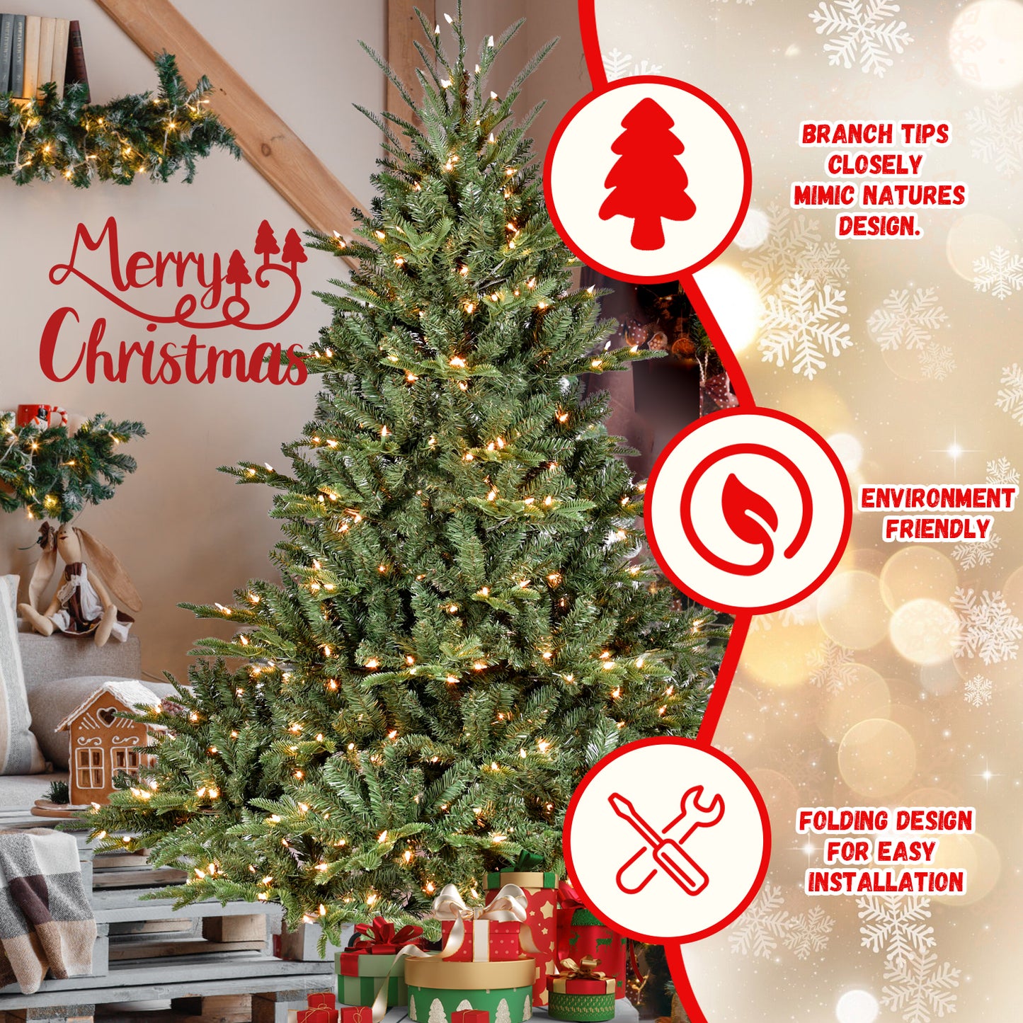 8FT Christmas Tree Simulate Nature Advanced Materials Premium Hinged Spruce Artificial Douglas Firs Tree, Christmas Holiday Party Atmosphere Decoration New Year Celebration PE + PVC Xmas Tree