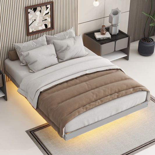 Full Size Floating Bed with LED Lights Underneath,Modern Full Size Low Profile Platform Bed with LED Lights,Grey