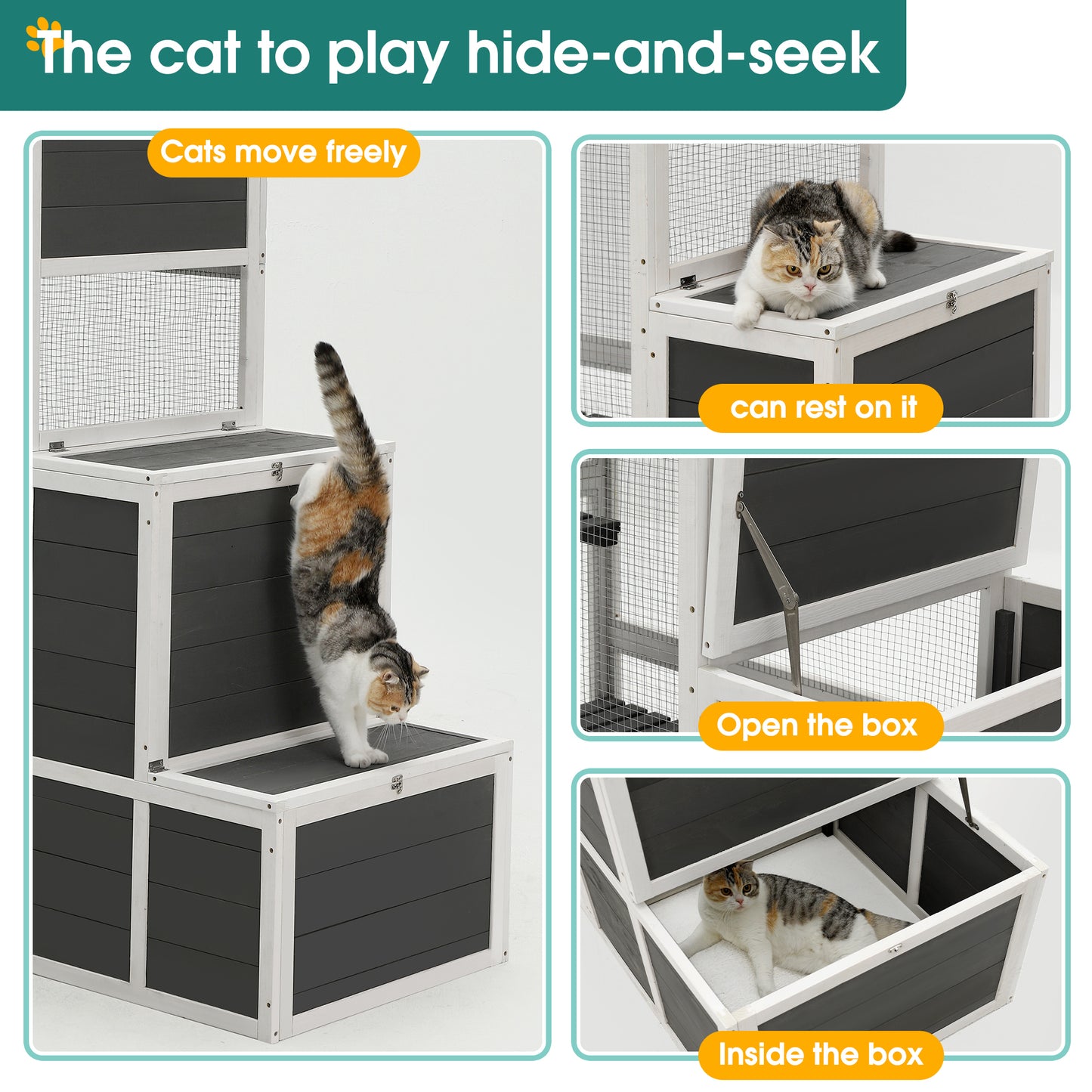 3-Tier Wooden Outdoor & Indoor Cat House Suitable for 1-3 Cats Cat Enclosure Resting Box with 4 Platforms and 2 doors Cat Shelter Kitty House with a Jump Box for Hiding and Resting Cat Cage 71"H-Gray