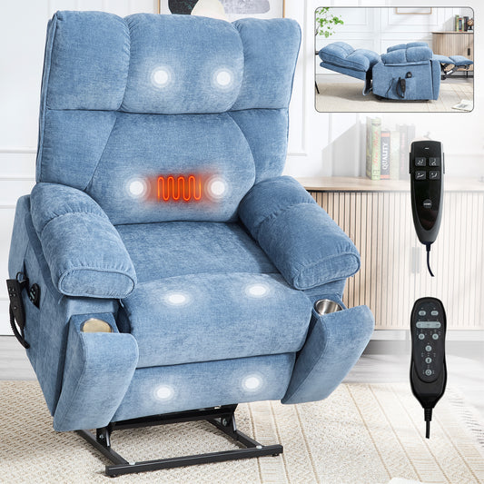 Blue Heat Massage Dual Motor Infinite Position Up to 350 LBS Large Electric Power Lift Recliners with Hidden Cup Holders, Power-Remote, Medium-firm and Heavy Duty