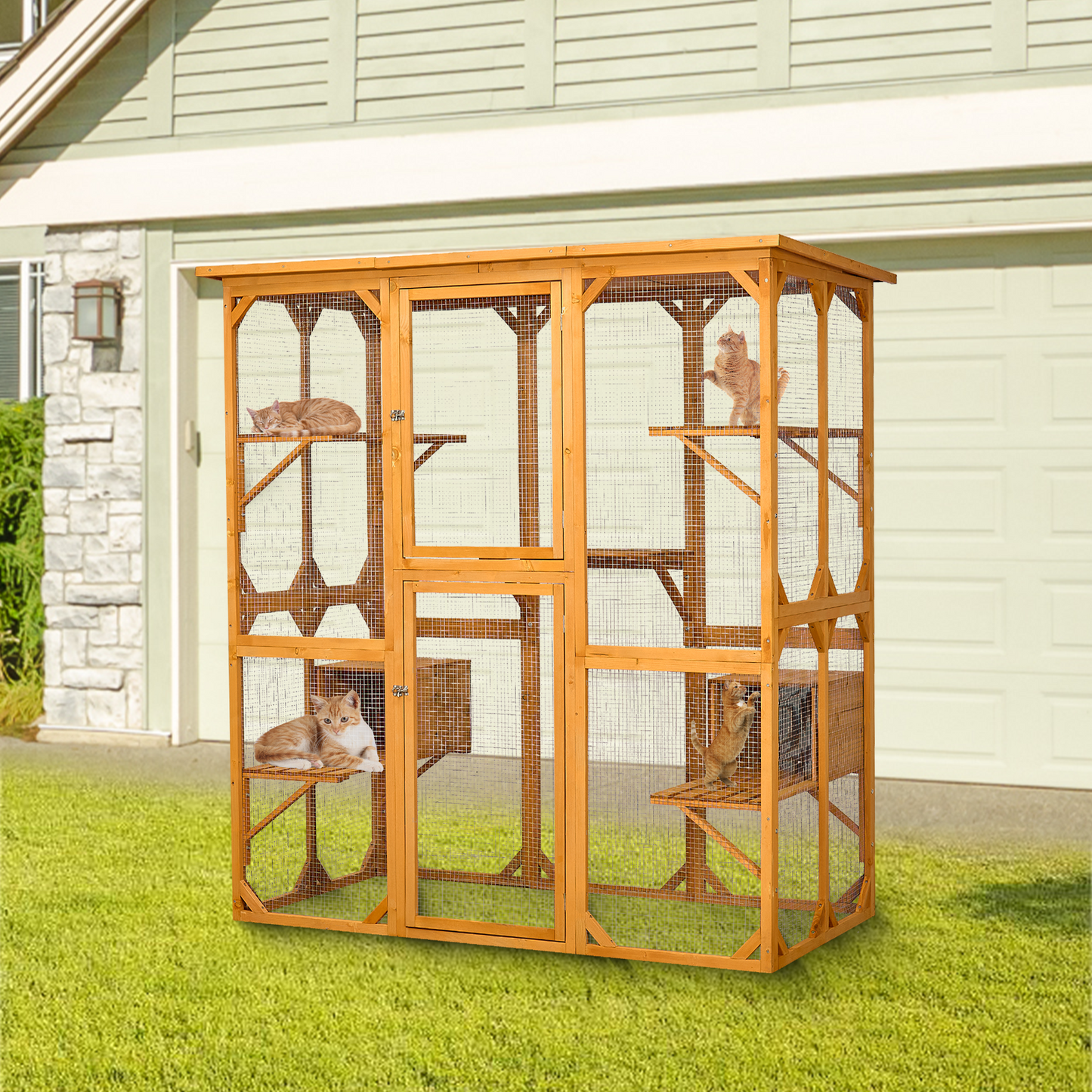 Catio Outdoor Cat Enclosure with Roof 72" Height Cat Wooden House Large Cat Cage with 3 Jumping Platforms and 2 Napping Houses for Cat Activity (Yellow)