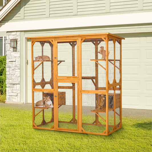 Catio Outdoor Cat Enclosure with Roof 72" Height Cat Wooden House Large Cat Cage with 3 Jumping Platforms and 2 Napping Houses for Cat Activity (Yellow)