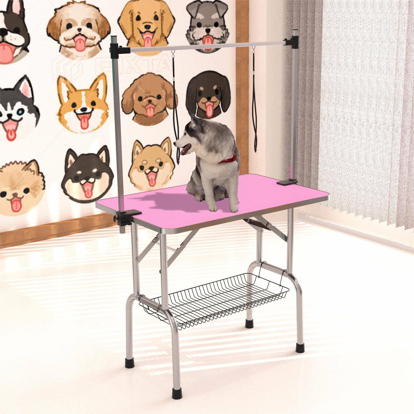 46" Folding Dog Pet Grooming Table Stainless Steel Frame Rubber Mat on Board with Adjustable Arm and Clamps pet dog Cat Grooming Table (PINK COLOR)