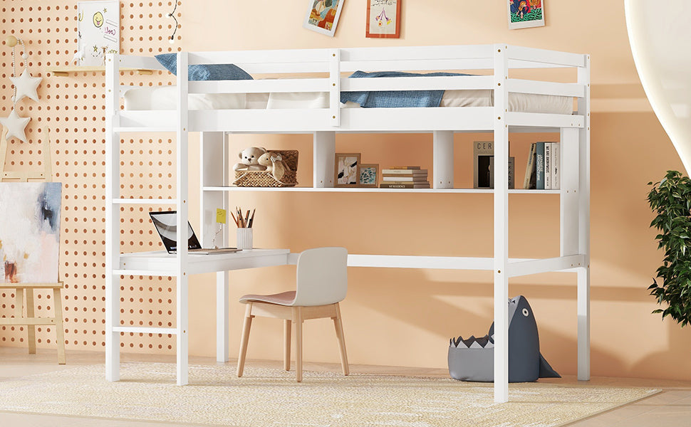 Twin Size Loft Bed with desk and shelves, Safety Guardrail and ladder,White