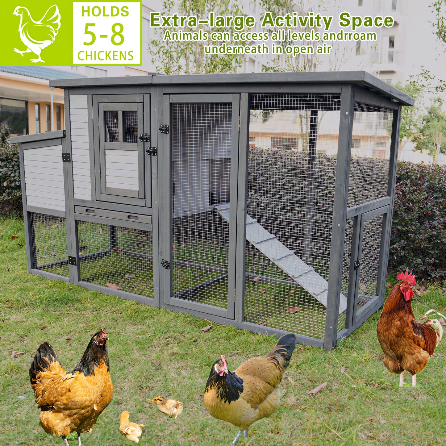 79"Large Chicken Coop with Upgraded Perches, Wooden Outdoor Chicken Cage with Large Nesting Box, Weatherproof Open Asphalt Roof &Removable Bottom, Duck House, Rabbit Hutch