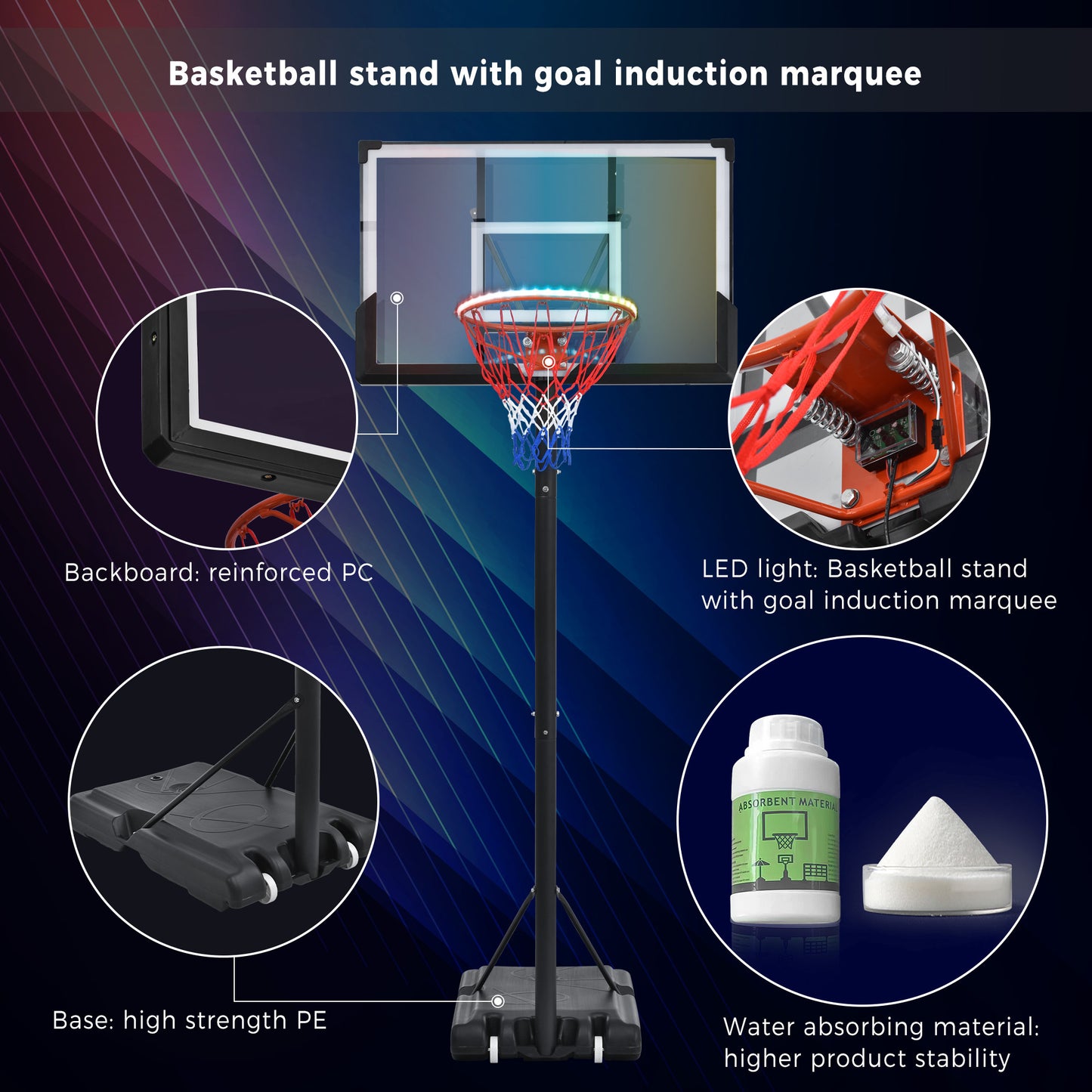 Portable Basketball Hoop Basketball System 4.76-10ft Height Adjustable for Youth Adults LED Basketball Hoop Lights, Colorful lights, Waterproof,Super Bright to Play at Night Outdoors,Good Gift for Kid