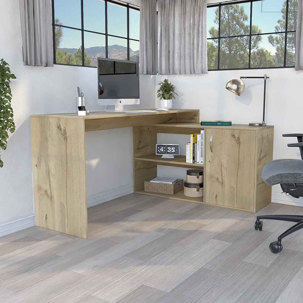 Axis Modern L-Shaped Computer Desk with Open & Closed Storage -Light Oak