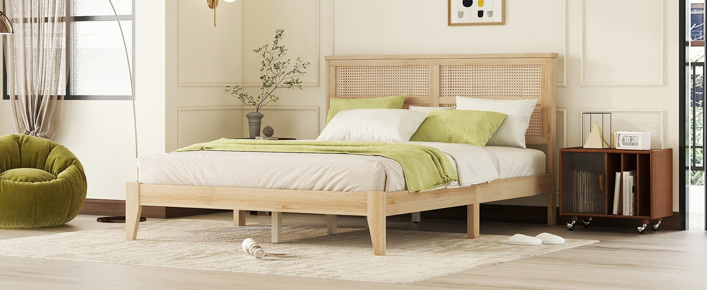 Queen Size Rubber Wooden, Solid Wooden Bed with Rattan Headboard, Enhanced by Support Feet,Oak White