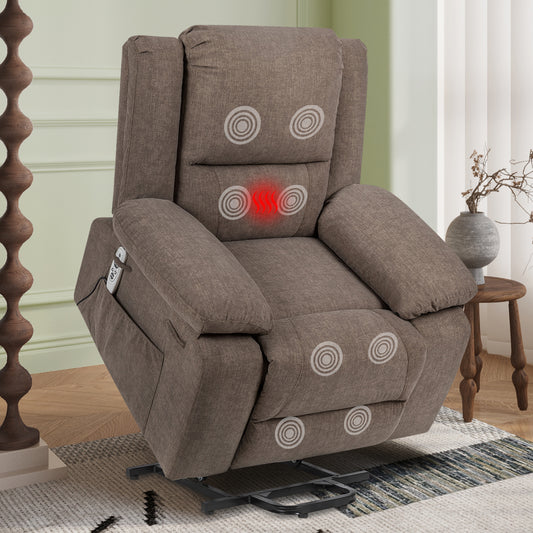 Electric Power Recliner Chair With Massage For Elderly ,Remote Control Multi-function Lifting, Timing, Cushion Heating Chair With Side Pocket Brown