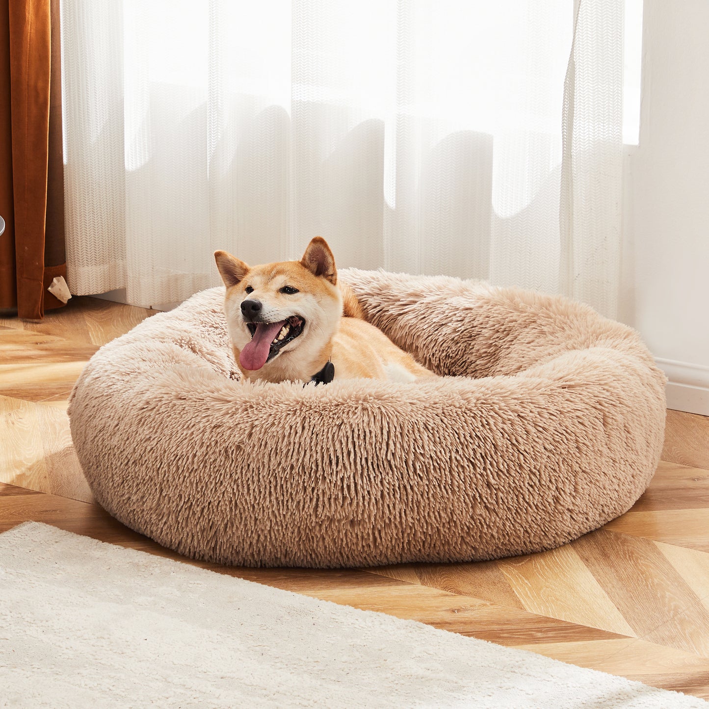 Anti-Slip Round Fluffy Plush Faux Fur Cat Bed, large  Brown