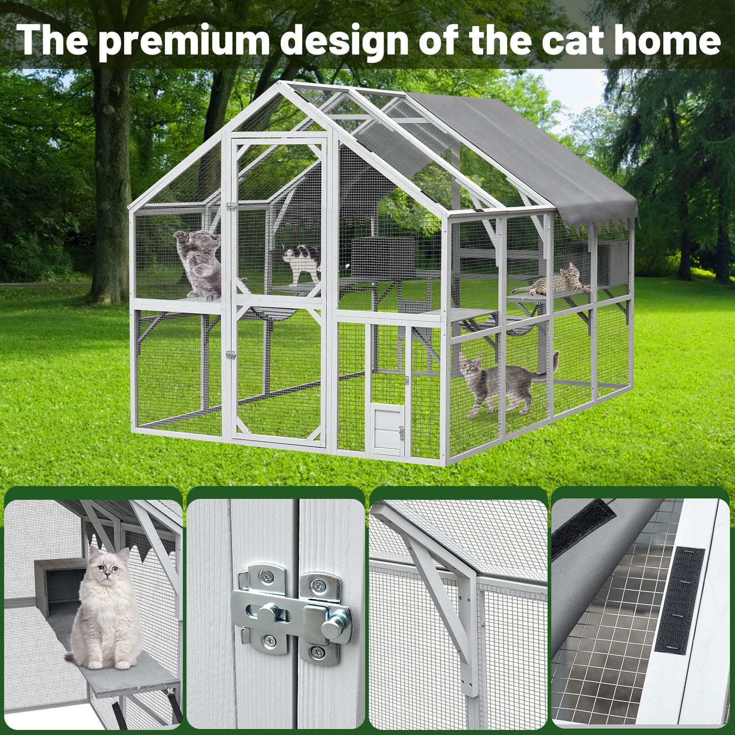 Outdoor Cat House Cat Enclosures 110" Large Kitten Playpen with Platforms,Upgrade Waterproof Cover-Grew&White