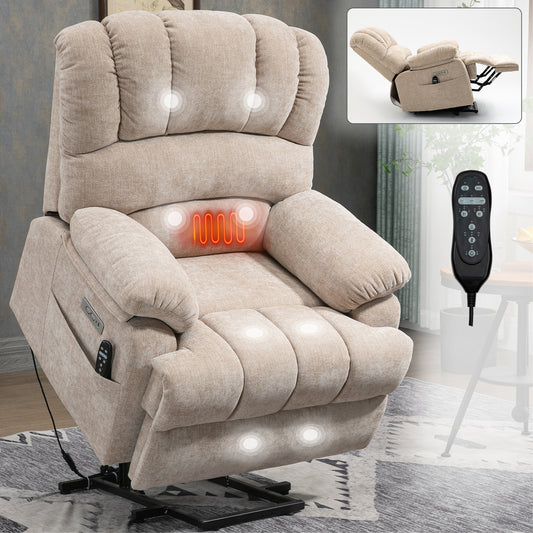 23' Seat Width and High Back Large Size Beige Chenille Power Lift Recliner Chair with 8-Point Vibration Massage and Lumbar Heating