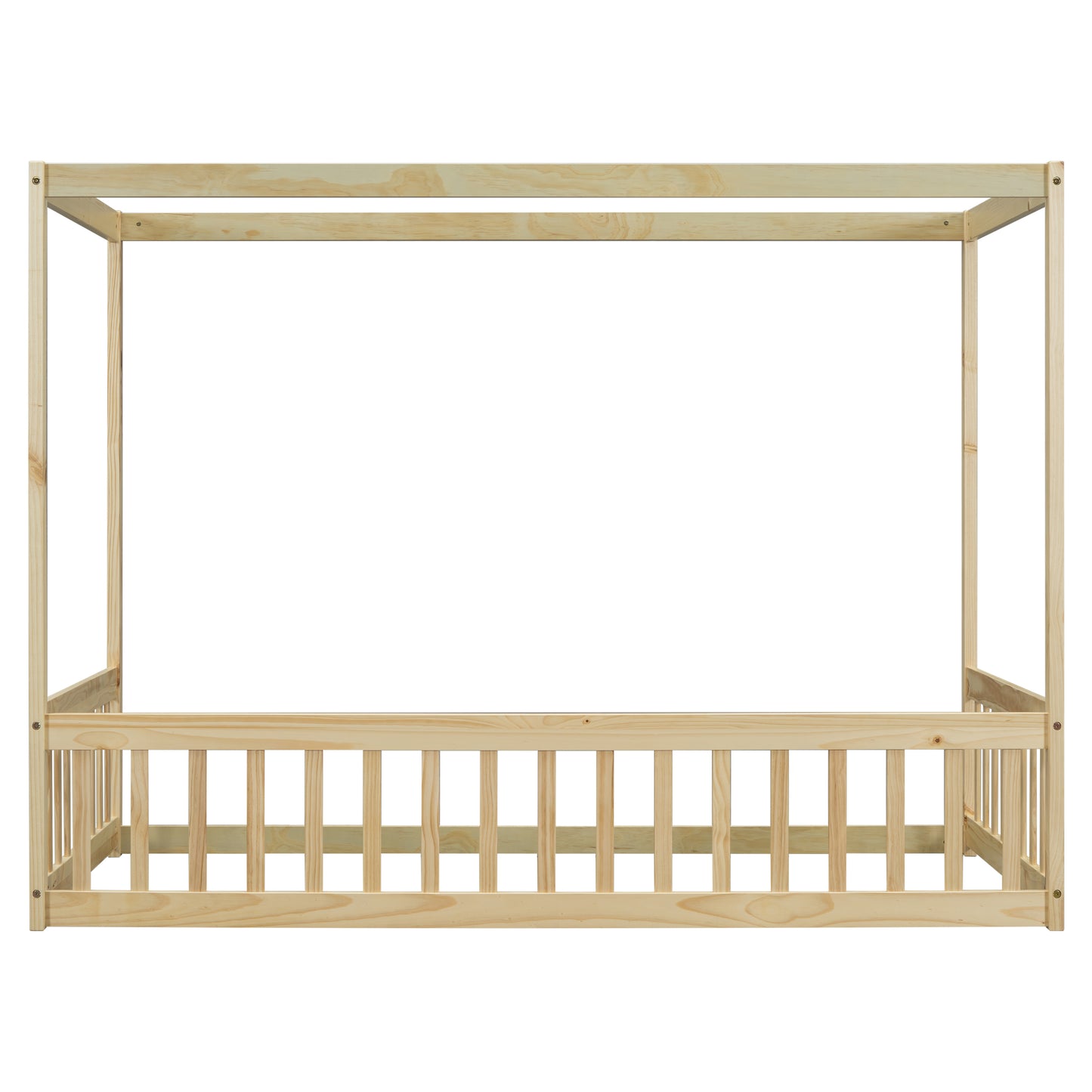 Twin Size Canopy Frame Floor Bed with Fence, Guardrails,Natural