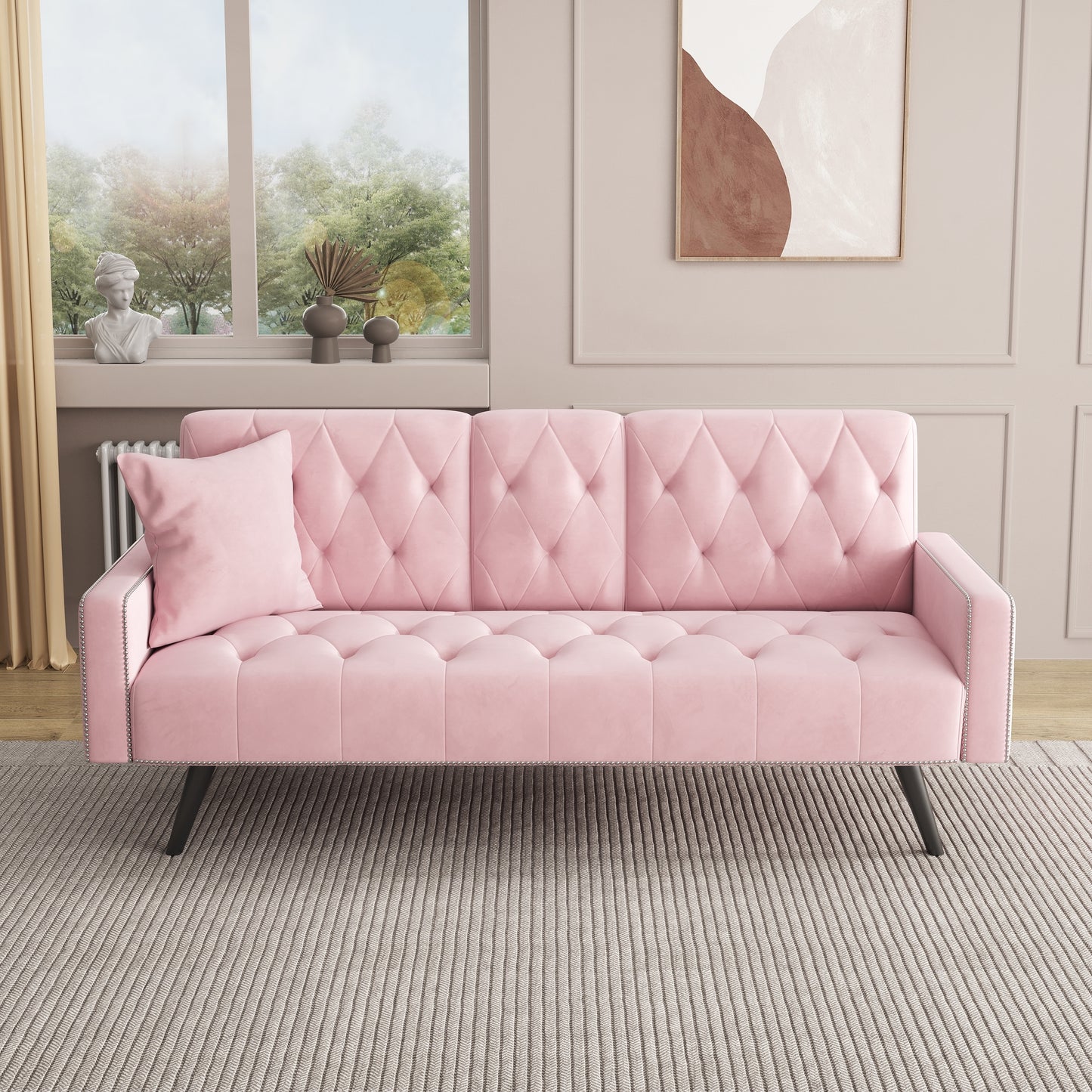 [SantaChoice] 1730 Sofa Bed Armrest with Nail Head Trim with Two Cup Holders 72" Pink Velvet Sofa for Small Spaces