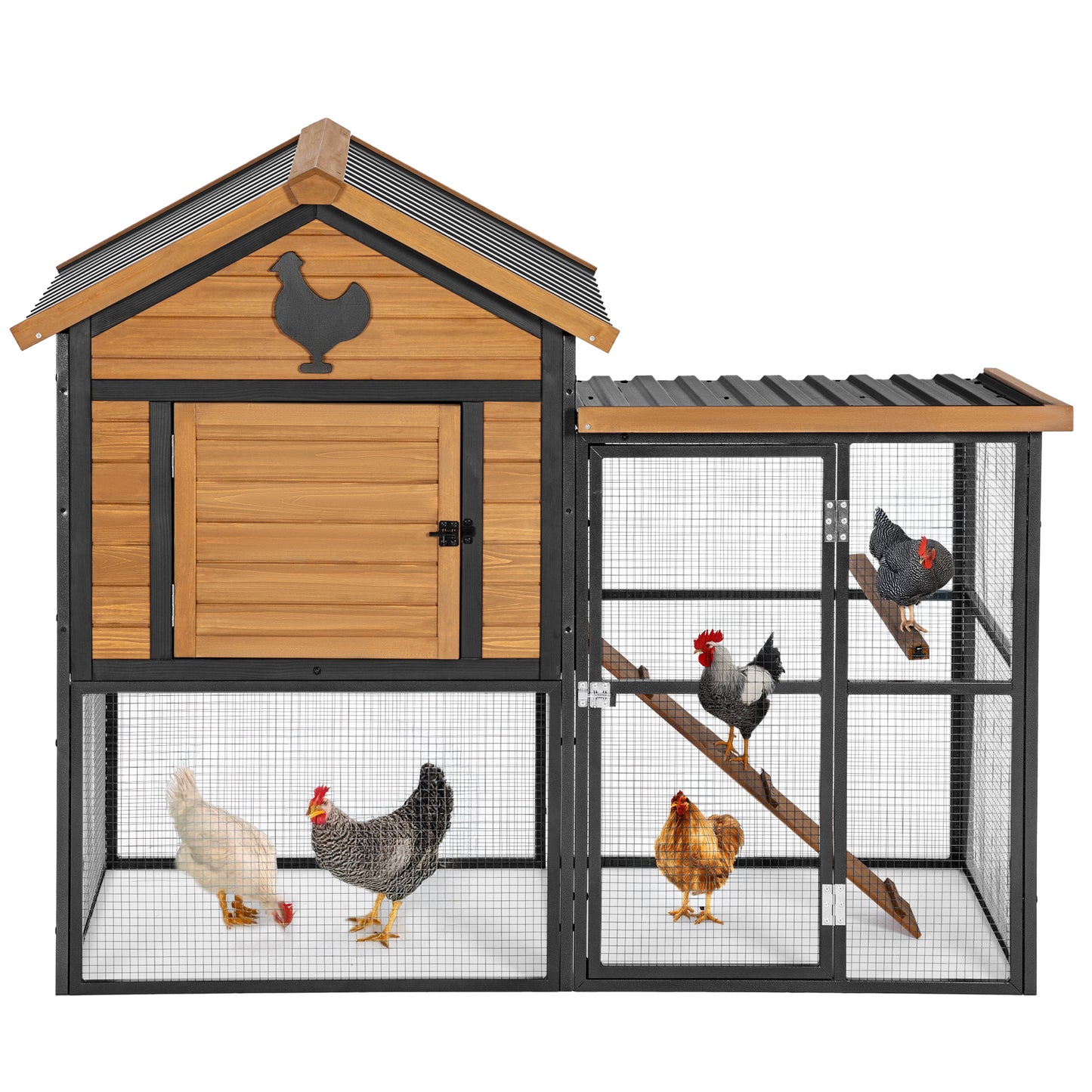 Durable Wood and Iron Chicken Coop with Runway and Waterproof Roof, Suitable for 5-7 Chickens, Built-in Nesting Box