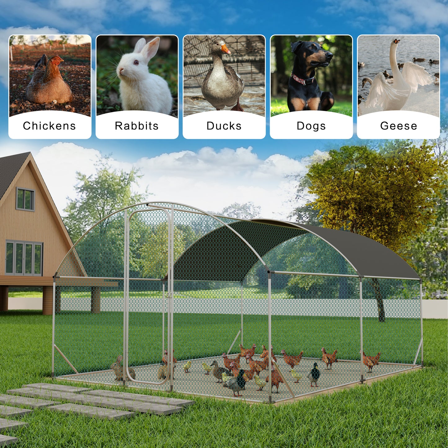 Large Metal Chicken Coop with Run, Walkin Chicken Coop for Yard with Waterproof Cover, 13.1 x 9.8 x 6.6 ft, Dome Roof Large Poultry Cage for Hen House, Duck Coop and Rabbit Run, Silver