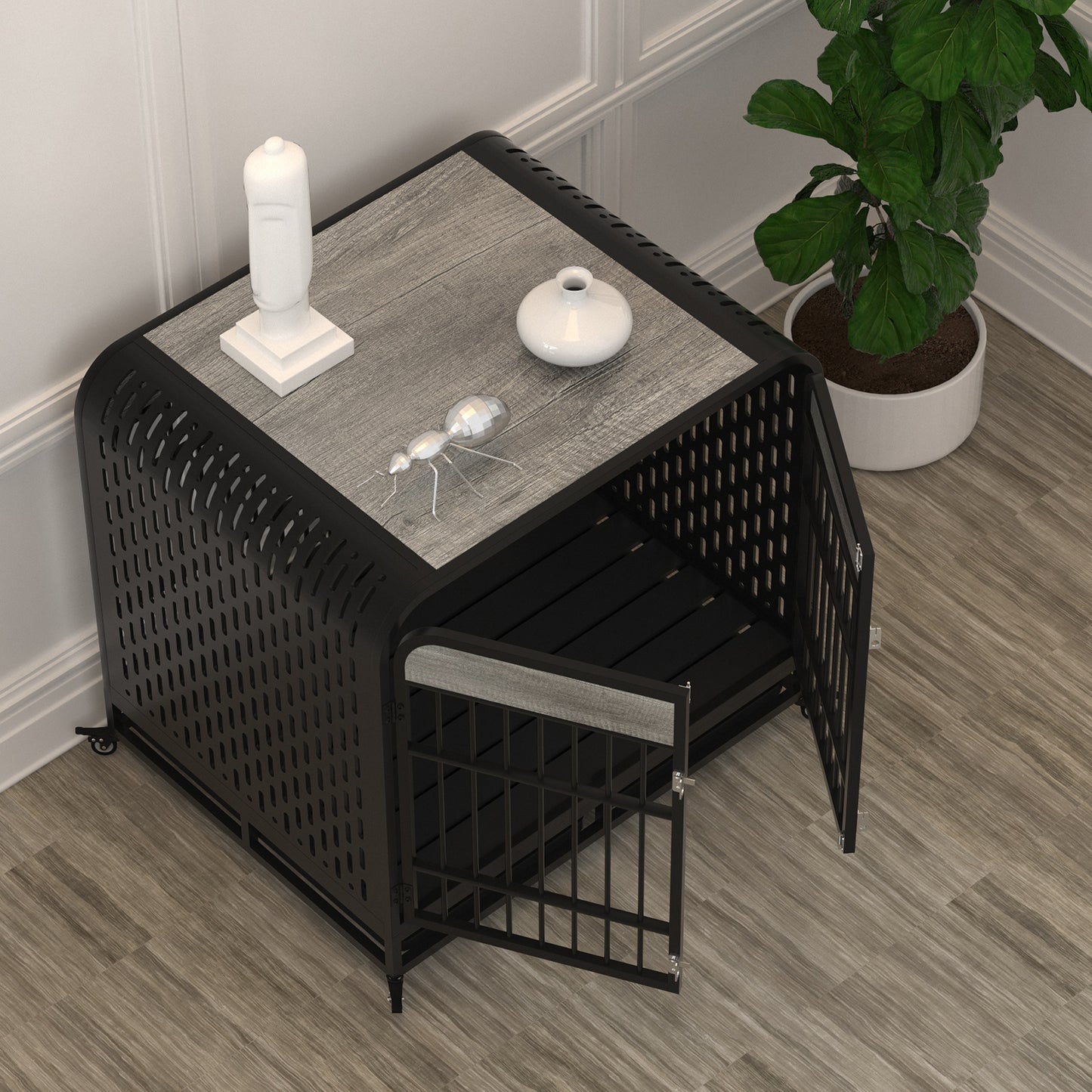 Heavy Duty Dog Crate Furniture Wooden Table Pet Dog Cage Kennel House Indoor Side End Table Decor with Removable Trays and Lockable Wheels for Medium and Large Dogs 42" Grey