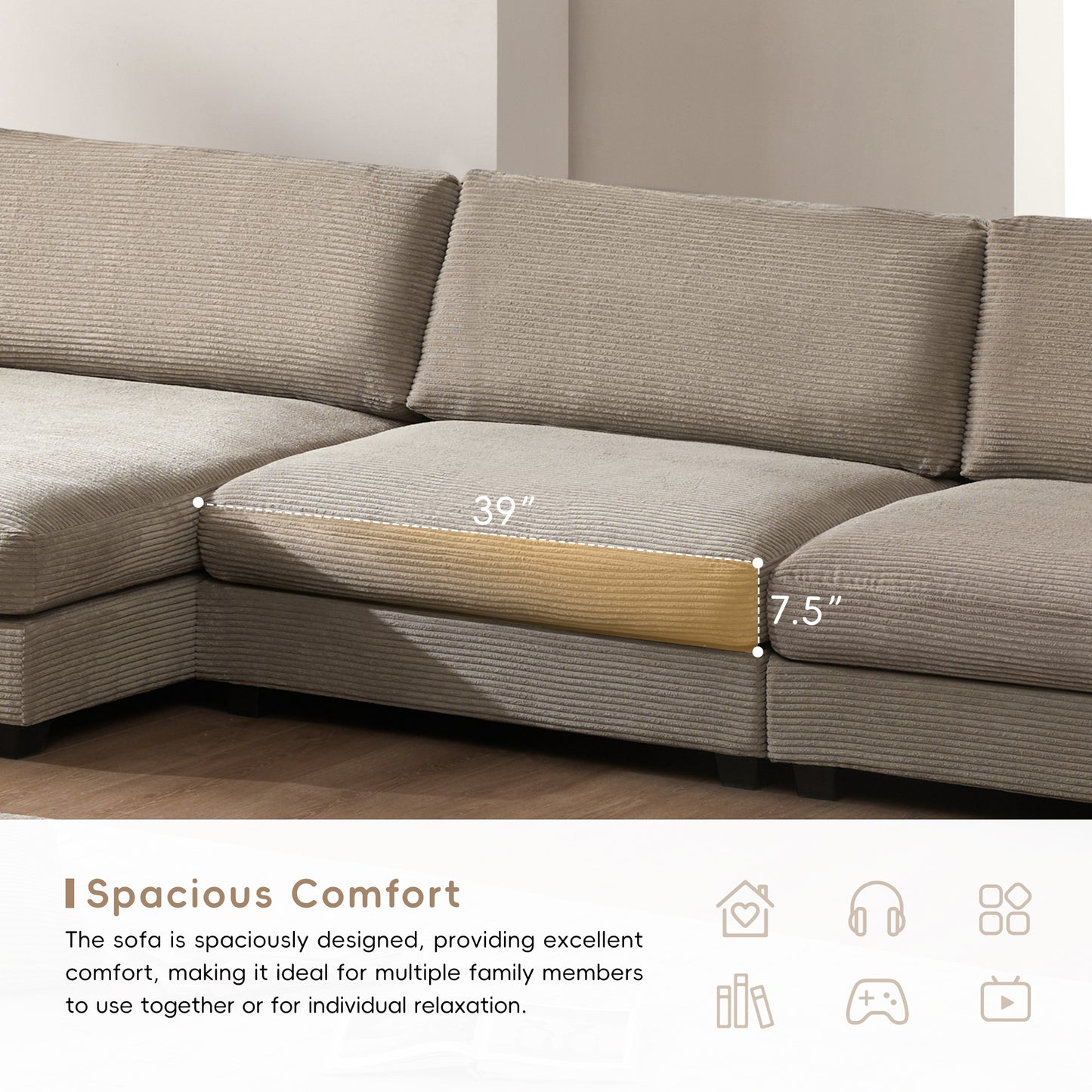 [SantaChoice] 134*54"Oversized Corduroy Sectional Sofa,L Shaped Cloud Couch with USB Charging Port,Cup Holder,Deep Seat Sofa Bed with 50" Chaise,Comfy Indoor Furniture for Living Room,3 Colors