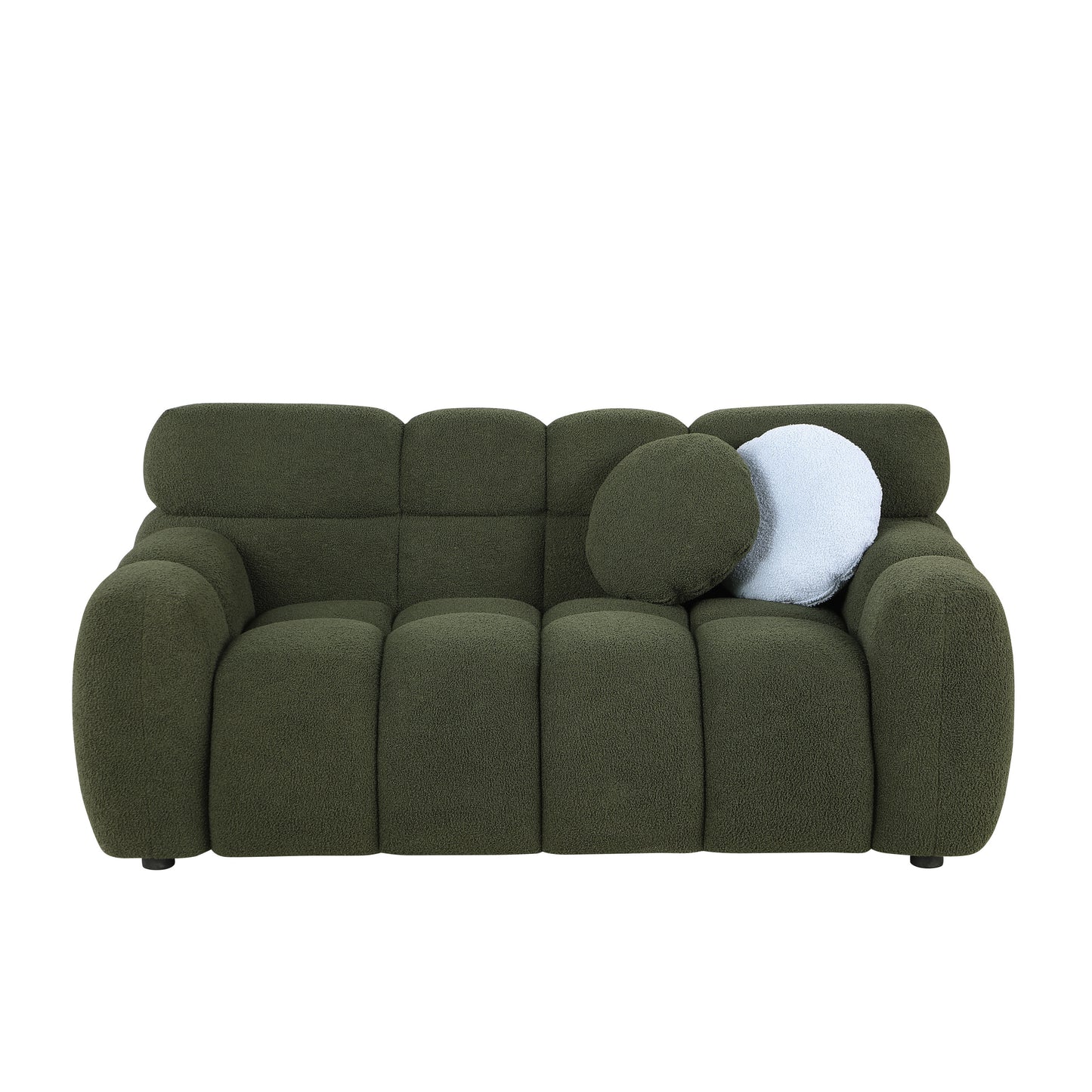 64.96 length ,35.83" deepth ,human body structure for USA people,  marshmallow sofa,boucle sofa ,2  seater, olive green  BOUCLE