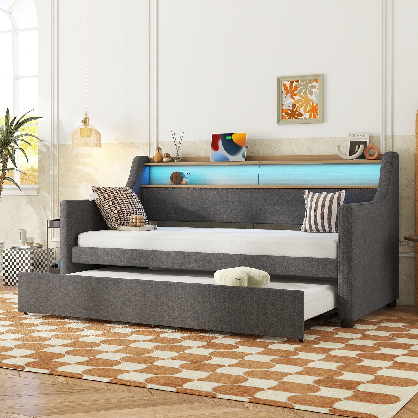 Twin Size Daybed with Trundle Bed, Upholstered Daybed with Charging Station and LED Lights, Gray