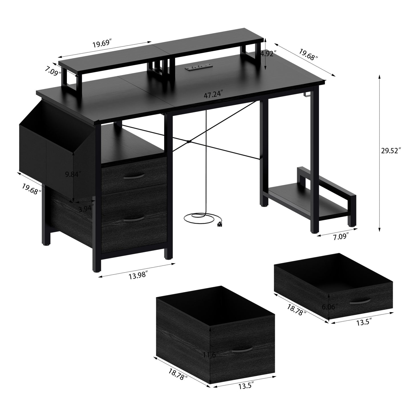 47" Computer Desk with power outlet,Monitor Stands,Shelves, Office Desk/Writing Table/Gaming desk With drawers,Large Side Pocket and Hooks,Easy to Assemble,Frame stability Reversible,Black