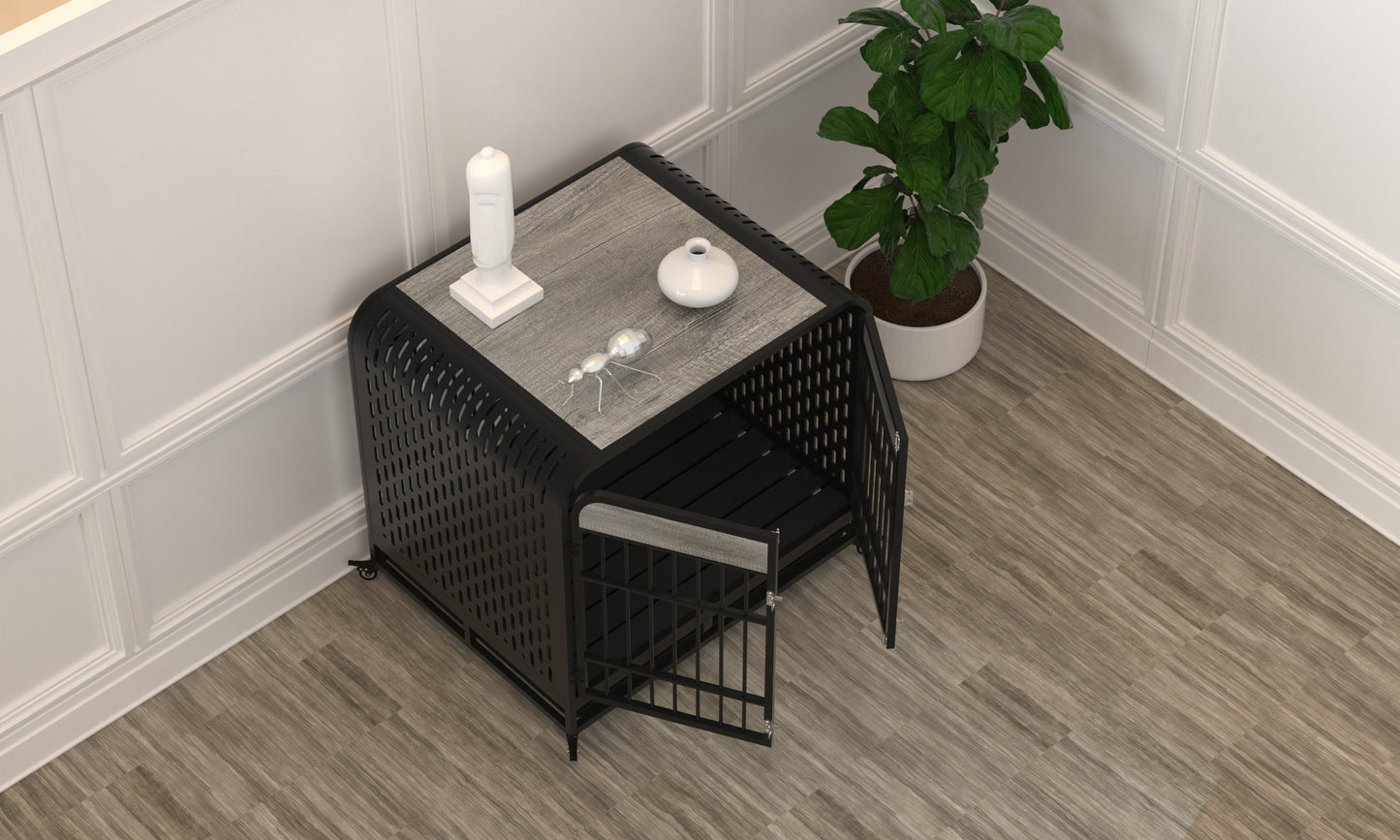 Heavy Duty Dog Crate Furniture Wooden Table Pet Dog Cage Kennel House Indoor Side End Table Decor with Removable Trays and Lockable Wheels for Medium and Large Dogs 42" Grey