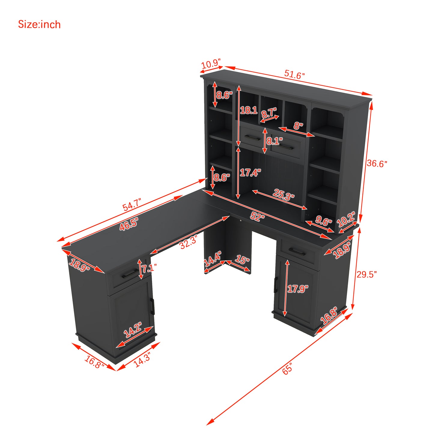 L-shaped computer desk with 2 cabinets and 2 drawers underneath the table, 11 open shelves and a flip-up shelf with storage on the right side, suitable for study, living room and office, Black