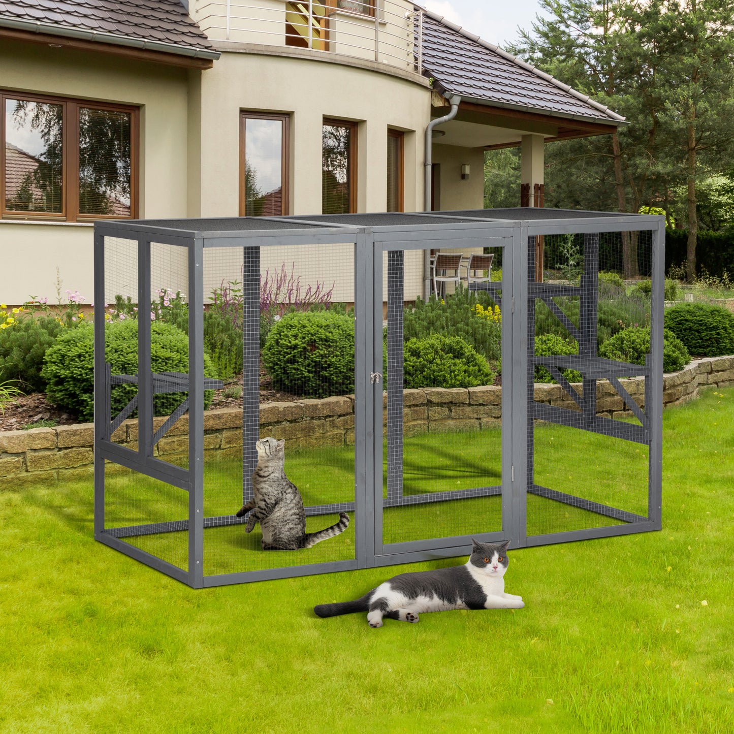 Spacious wooden cat cage with waterproof roof with adjustable pedals suitable - gray black