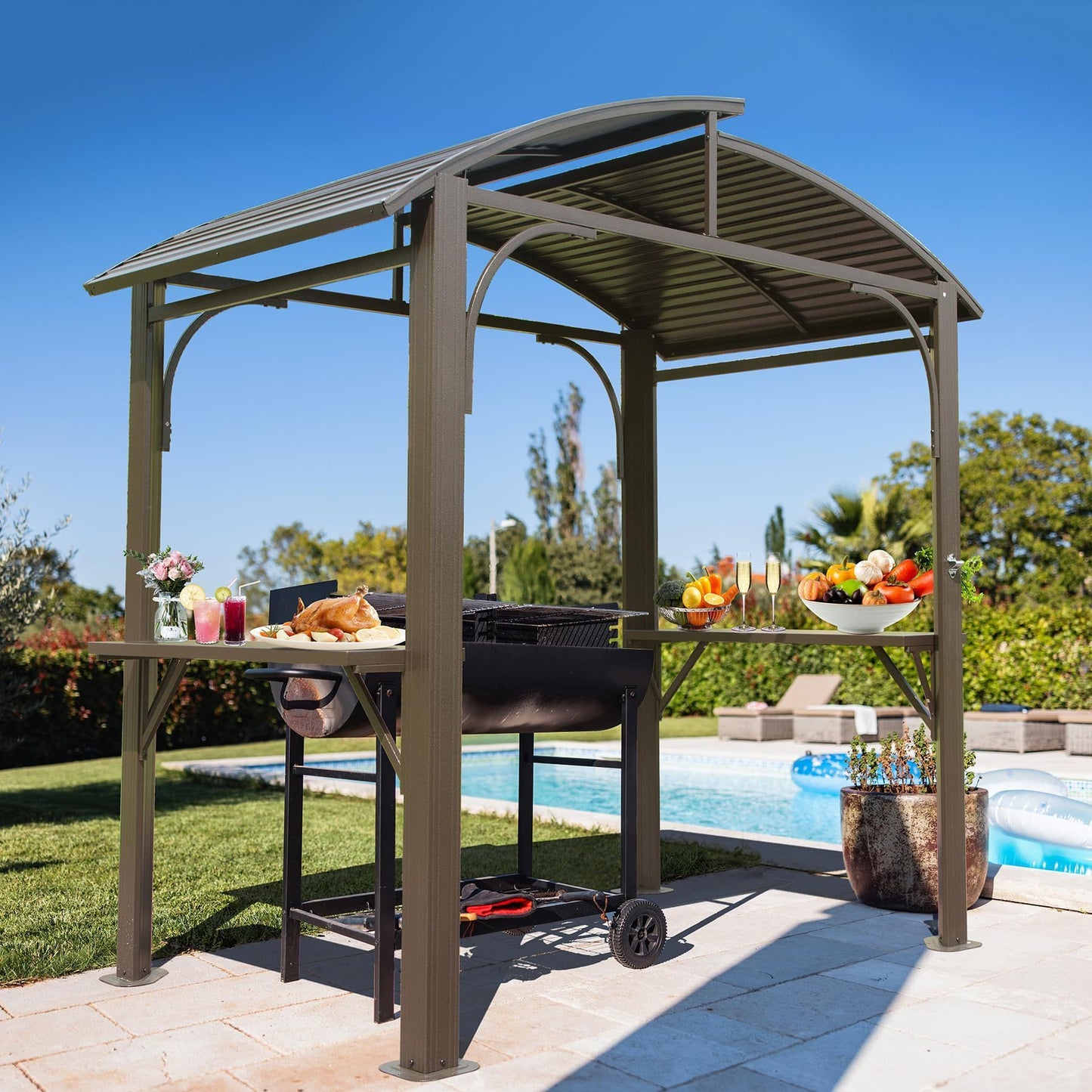 8x5FT  Arc Roof, Grill Canopy for Outdoor Grill w/Double Galvanized Steel Roof and 2 Side Shelves, BBQ Gazebo Grill Tent for Patio Garden Backyard, Brown