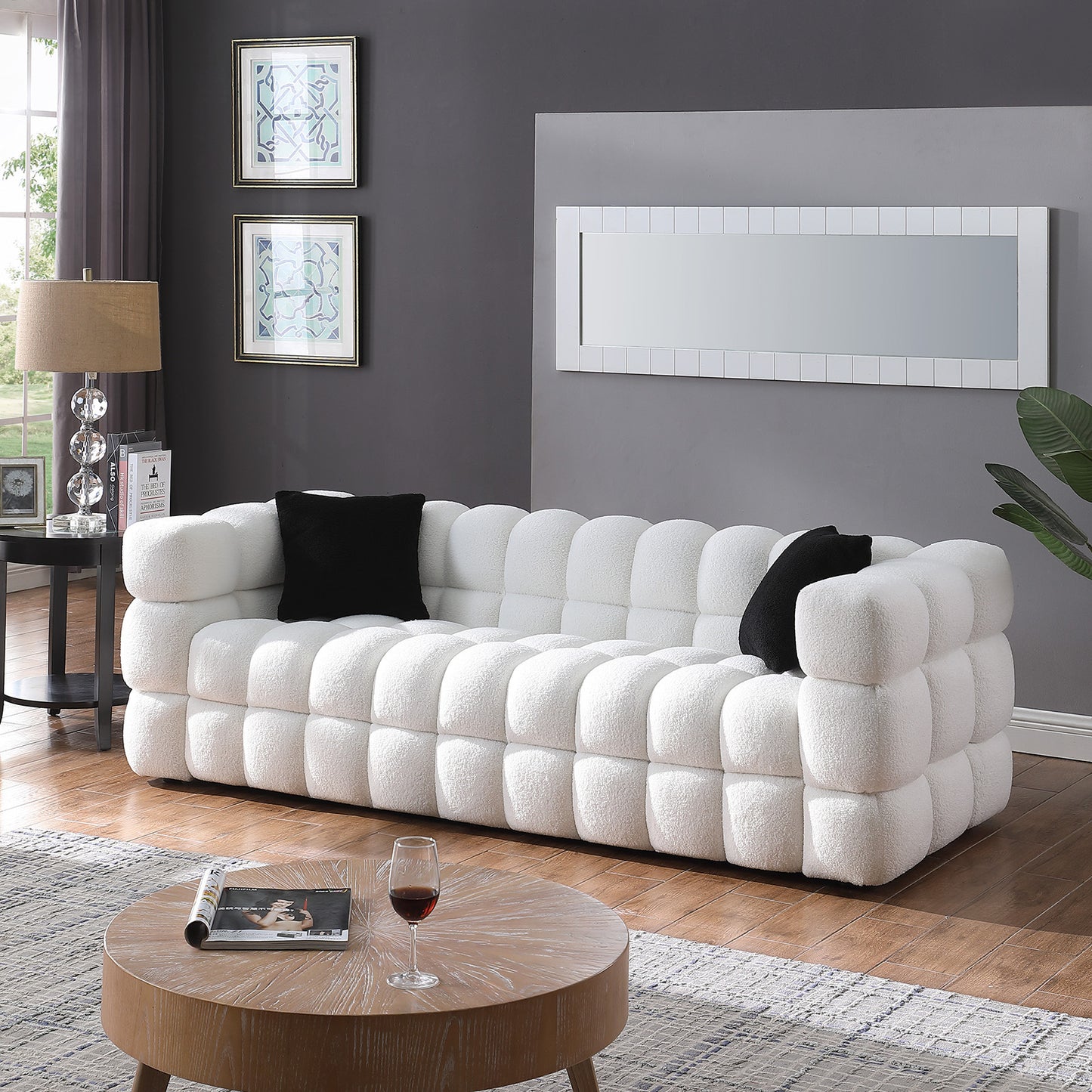 [SantaChoice] 84.3 length ,35.83" deepth ,human body structure for USA people,  marshmallow sofa,boucle sofa ,White color,3 seater