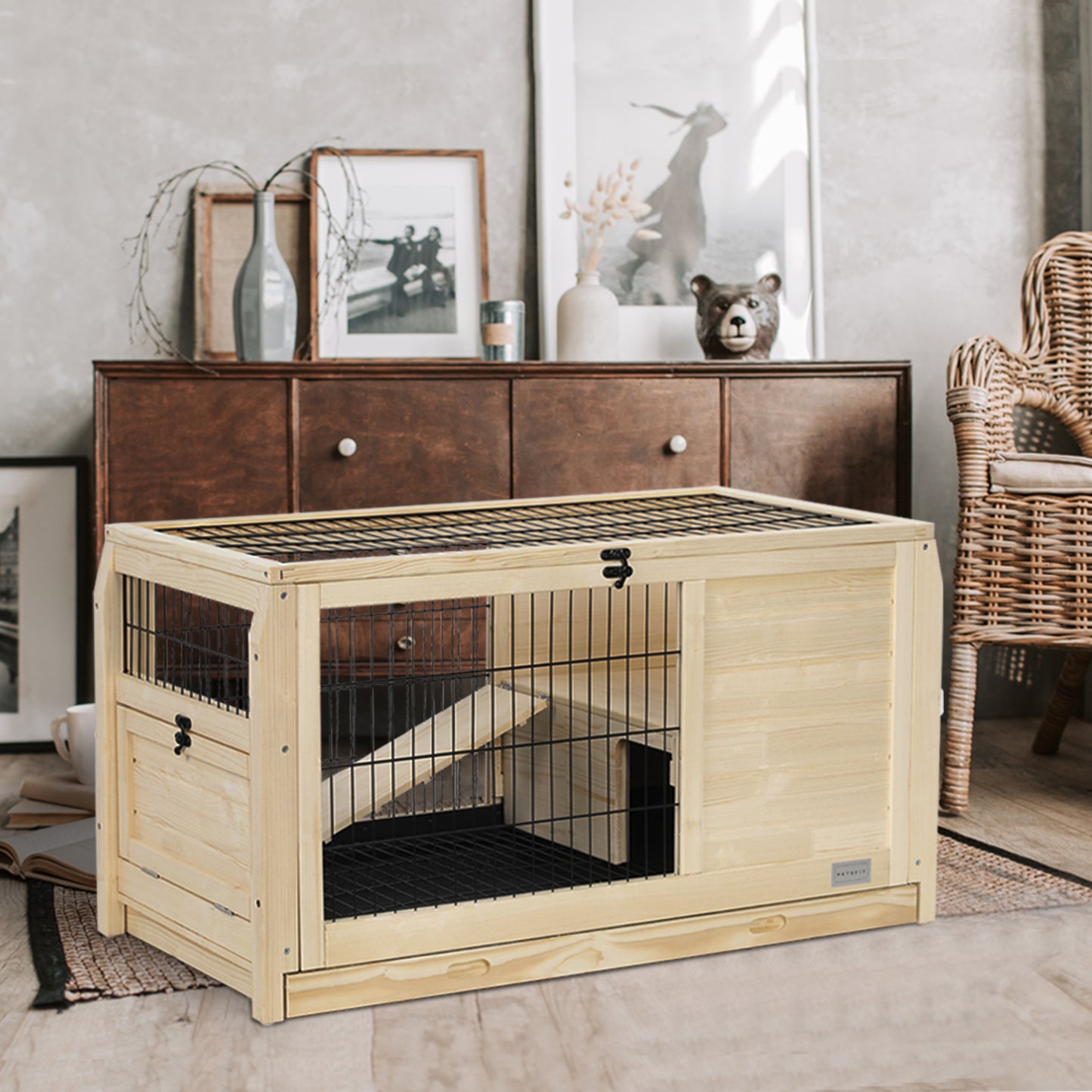 Wooden Rabbit Hutch Indoor Bunny House for Small Animals with Plastic Tray