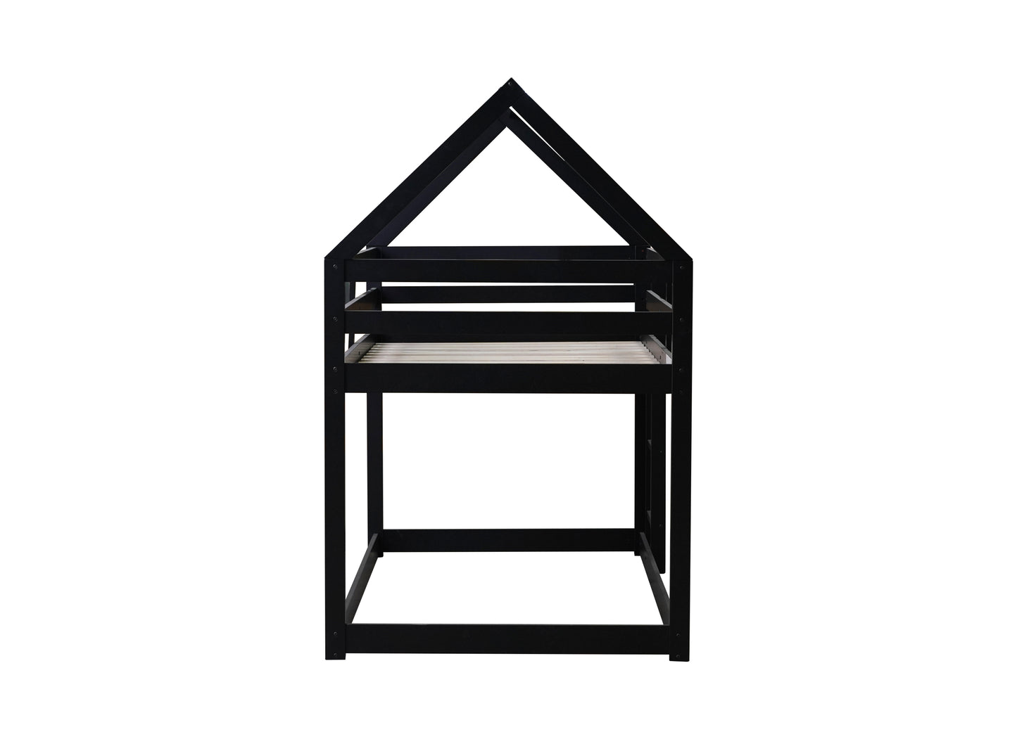 Twin over Twin Rubber Wood Floor Bunk Bed, with ladder,Guardrails,House-Shaped-Bunk Bed, Black