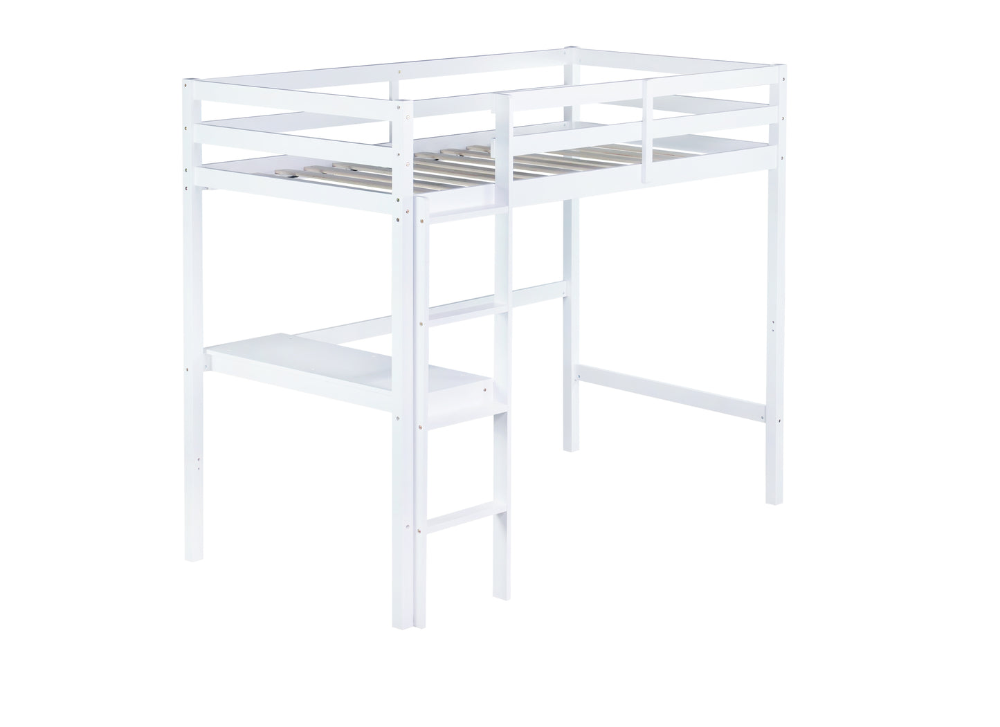 Twin High Loft Bed, Rubber Wood  Loft Bed with Safety Guardrail, built-in desk, ladder,White