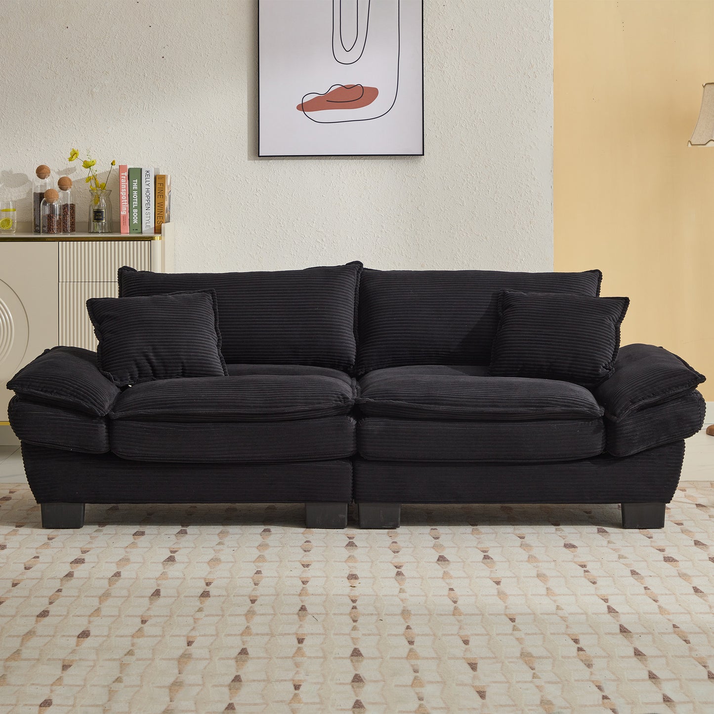 Corduroy Sofa Sleeper Couch Loveseat Sofa with Pillows Comfy Upholstered Deep Seat Sofa for Bedroom,Living Room,Apartment,Office,Dorm-Black Corduroy