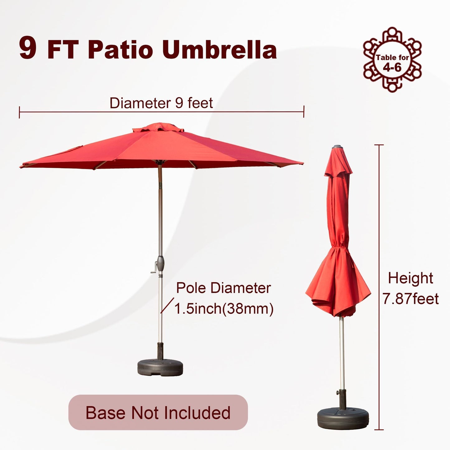 9FT Patio Umbrella, Outdoor Table Umbrella with Push Button Tilt and Crank, UV Protection Waterproof Market Sun Umbrella with 8 Sturdy Ribs for Garden, Deck, Backyard, Pool (Brick red)