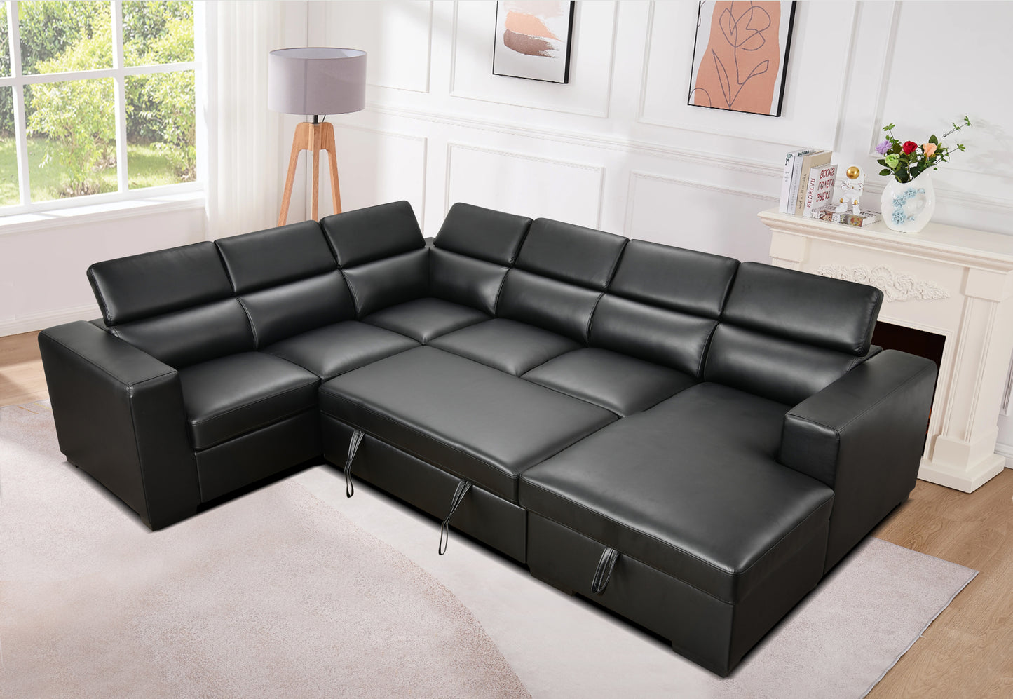 [SantaChoice] 123" Modern U Shaped 7-seat Sectional Sofa Couch with Adjustable Headrest, Sofa Bed with Storage Chaise-Pull Out Couch Bed for Living Room ,Black