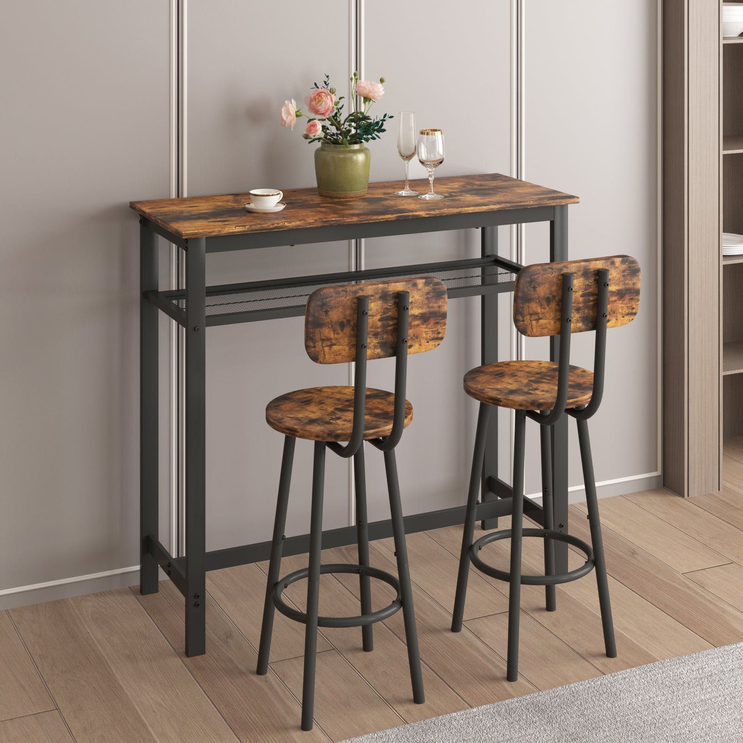 [SantaChoice] Bar table, equipped with 2 bar stools , with backrest and partition (Rustic Brown)