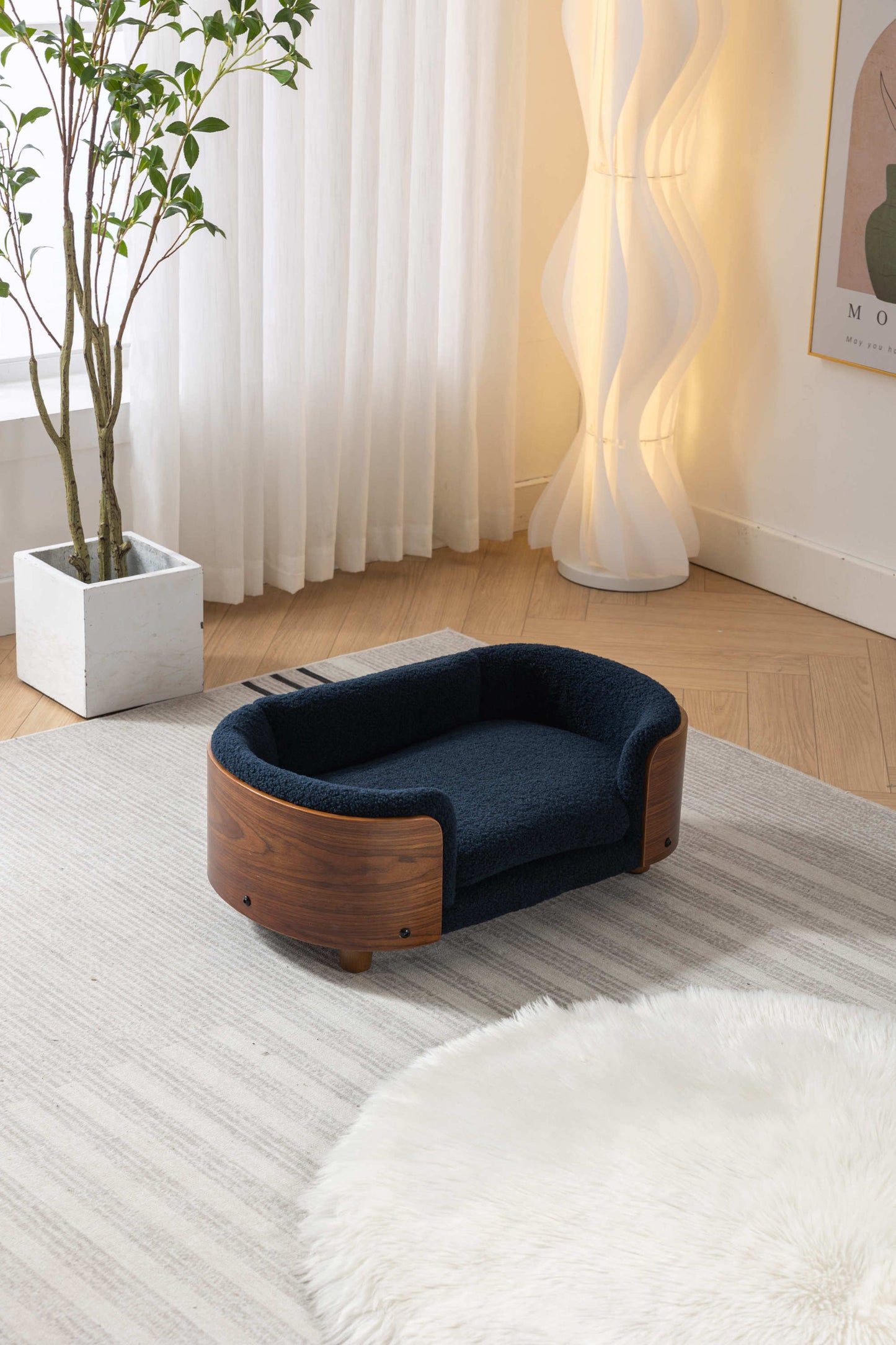 Scandinavian style Elevated Dog Bed Pet Sofa With Solid Wood legs and Walnut Bent Wood Back,  Cashmere Cushion,Small Size