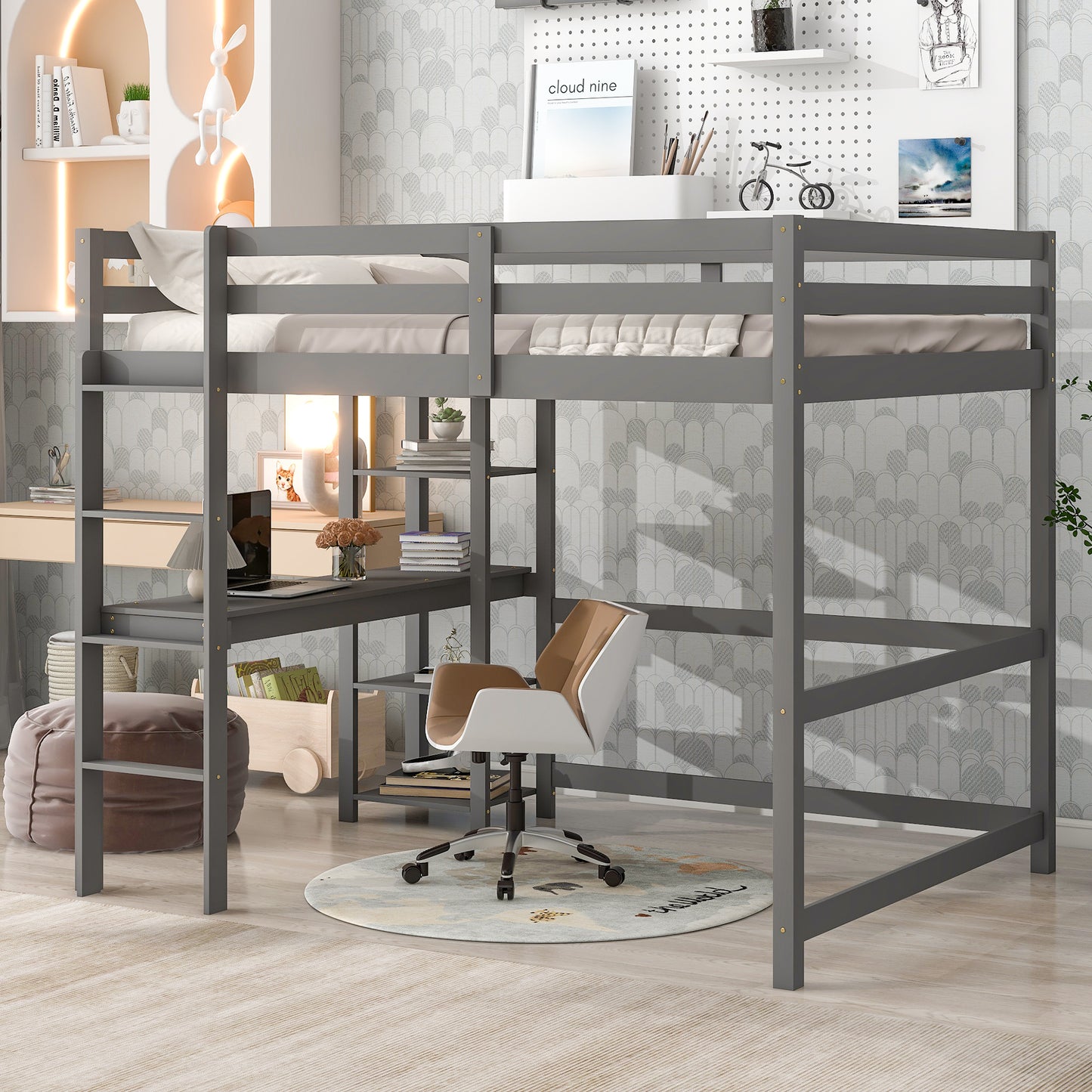 Full Loft Bed with Desk ,Shelves and Ladder, Grey