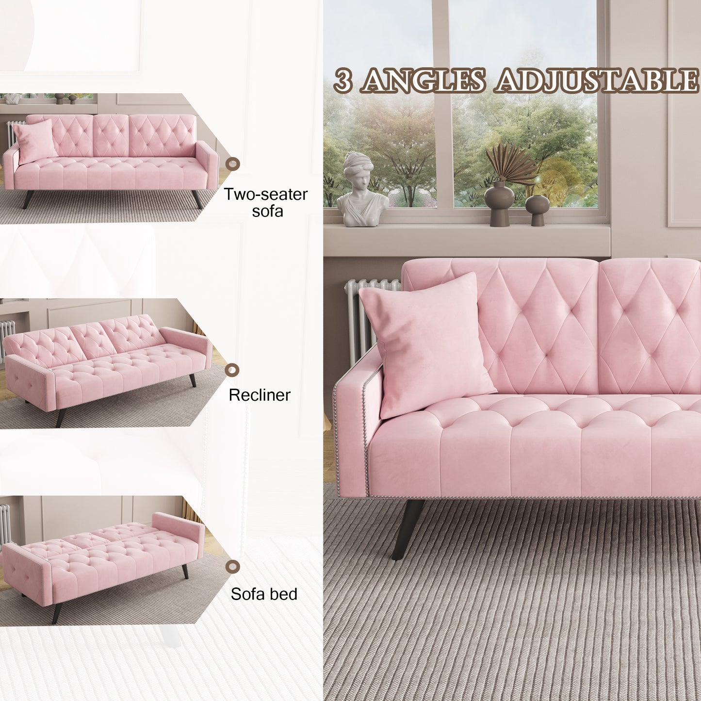 [SantaChoice] 1730 Sofa Bed Armrest with Nail Head Trim with Two Cup Holders 72" Pink Velvet Sofa for Small Spaces