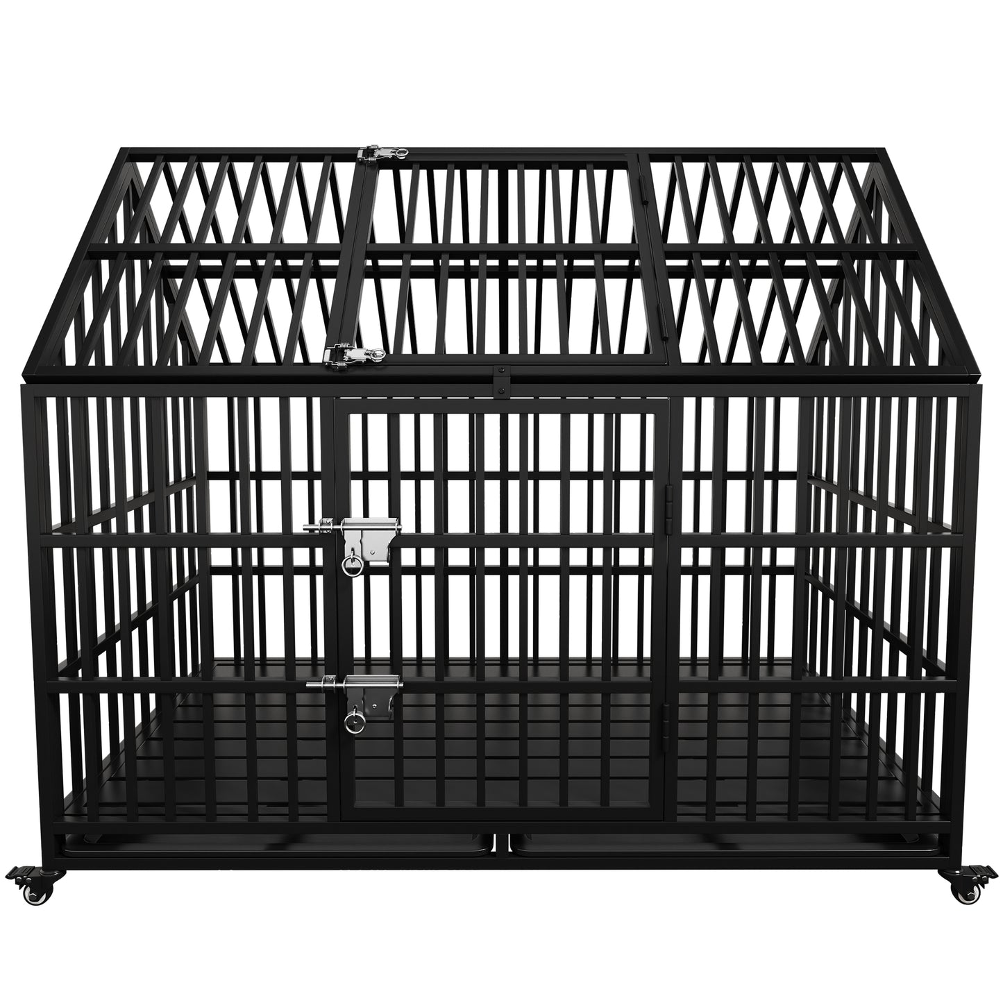 54" Heavy Duty Dog Crate Large Dog cage Strong Metal Dog Kennels and Crates for Large Dogs Top Open with 2 Doors 4 Lockable Wheels 2 Removable Trays