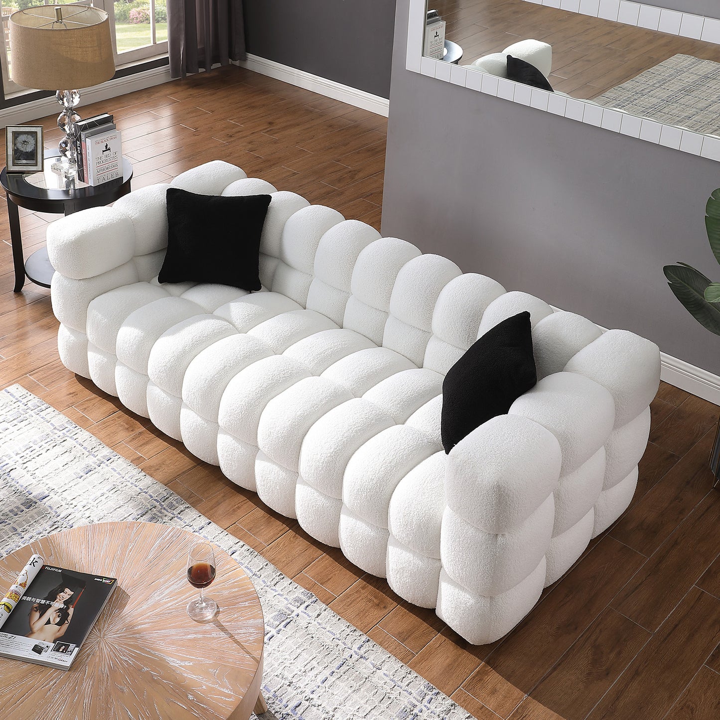 [SantaChoice] 84.3 length ,35.83" deepth ,human body structure for USA people,  marshmallow sofa,boucle sofa ,White color,3 seater