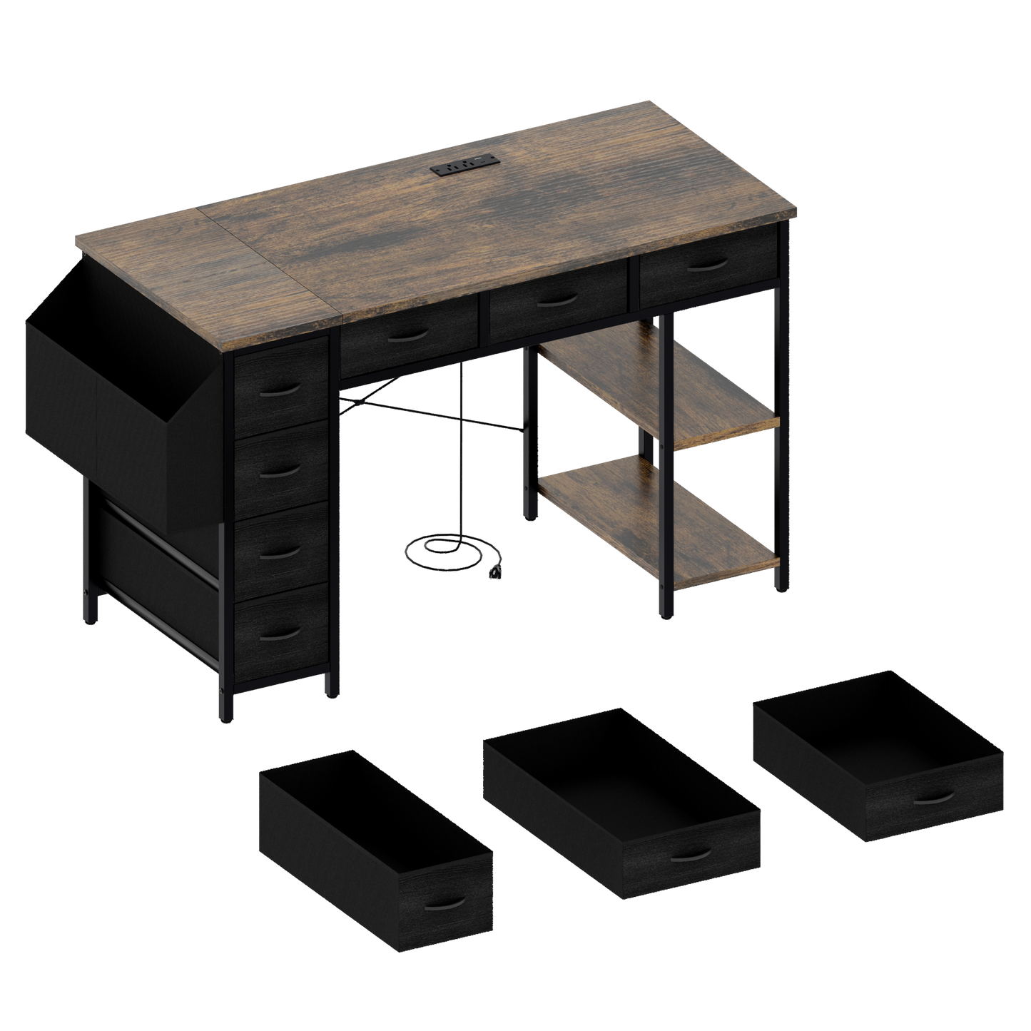 47" Computer Desk With Power Outlet,Writing Desk with 7 Fabric Drawers,Vanity table Drawers and Large Side Pocket,Rustic Brown