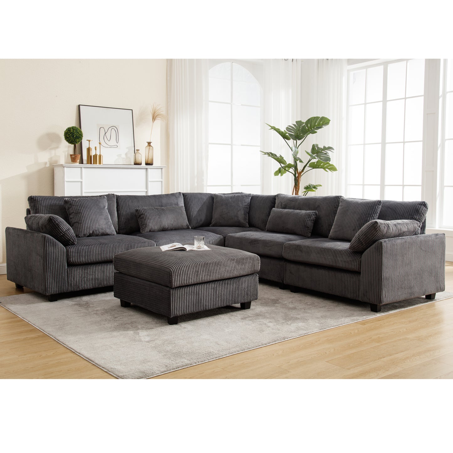 Oversized Modular Sectional Sofa Couches Set,Corduroy Upholstered Deep Seat Comfy Sofa for Living Room,Dark Gray