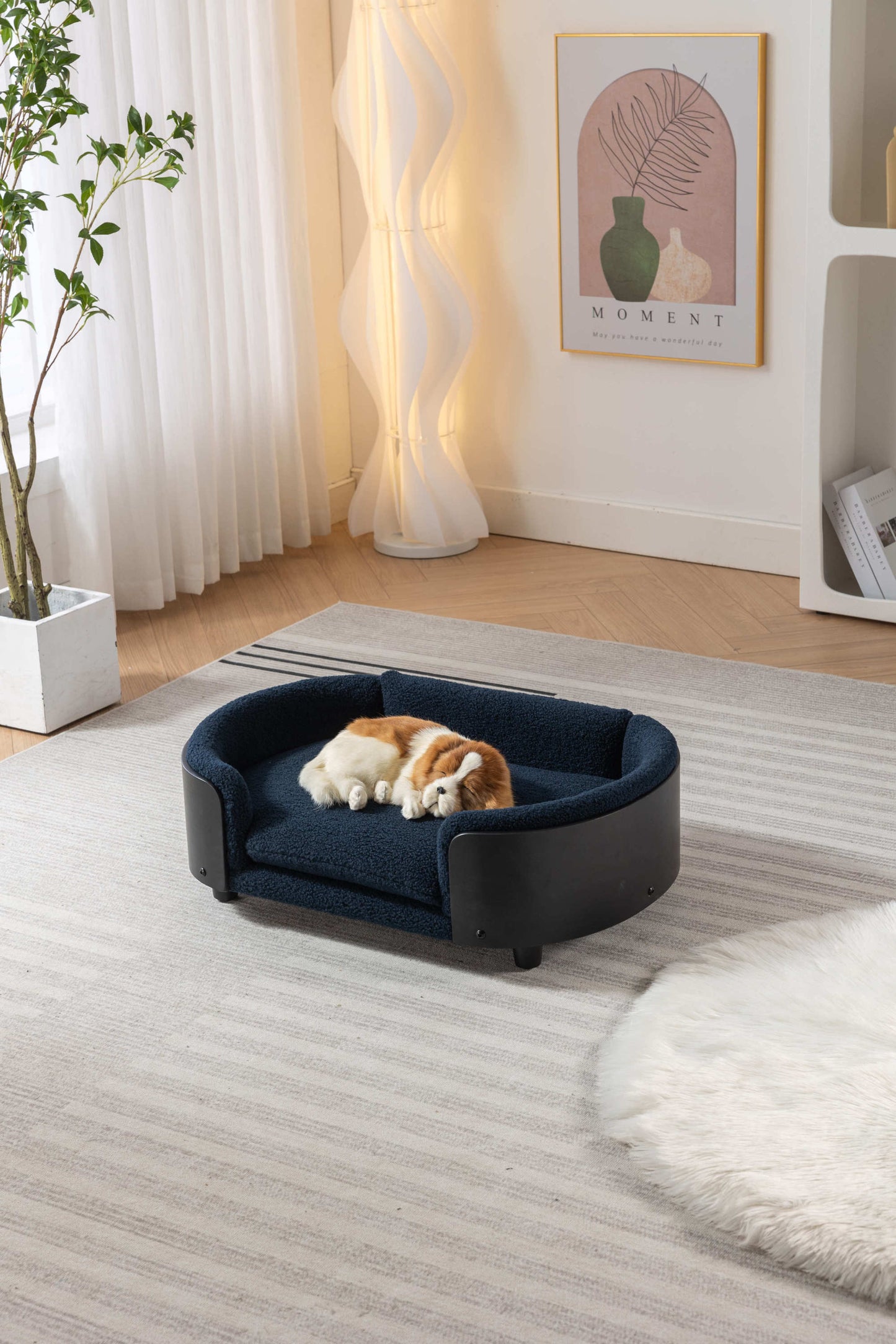 Scandinavian style Elevated Dog Bed Pet Sofa With Solid Wood legs and Black Bent Wood Back,  Cashmere Cushion,Mid Size