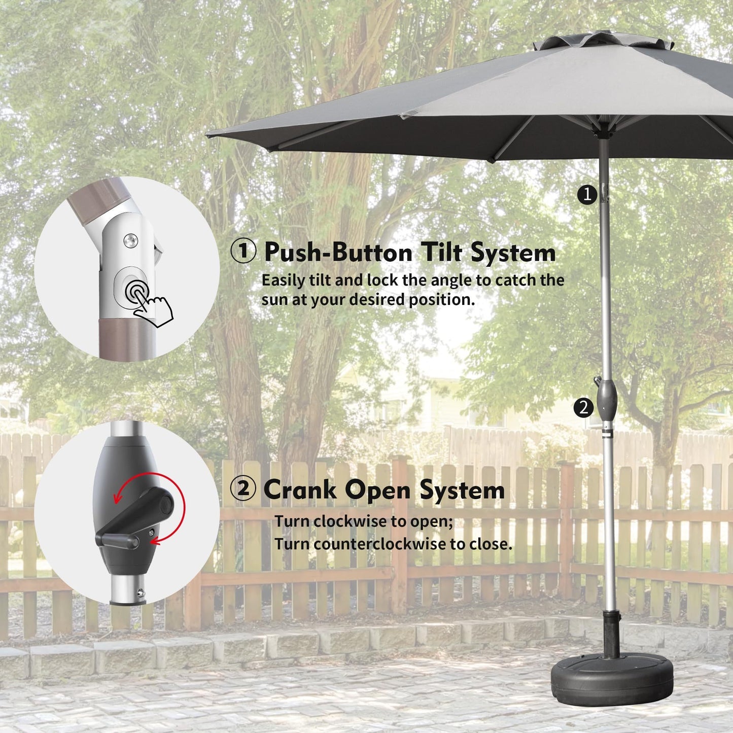 10FT Patio Umbrella, Outdoor Table Umbrella with Push Button Tilt and Crank, UV Protection Waterproof Market Sun Umbrella with 8 Sturdy Ribs for Garden, Deck, Backyard, Pool (Gray)