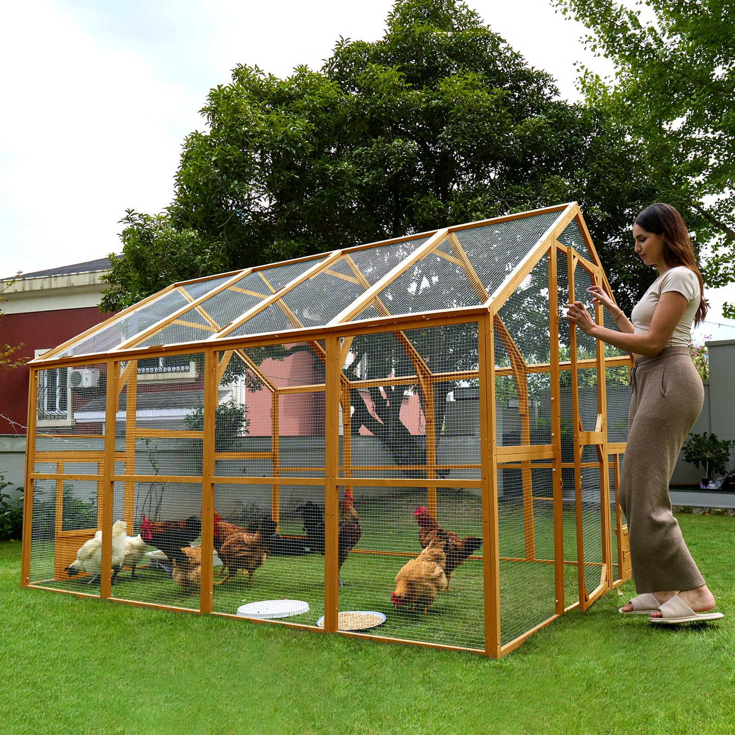 Wooden Chicken Coop 111''×74''×72'' Large Kitten Playpen, Chicken Run with Waterproof Cover and Two Small Doors, Pet Playpen Exercise Pen for Rabbit Duck Cat